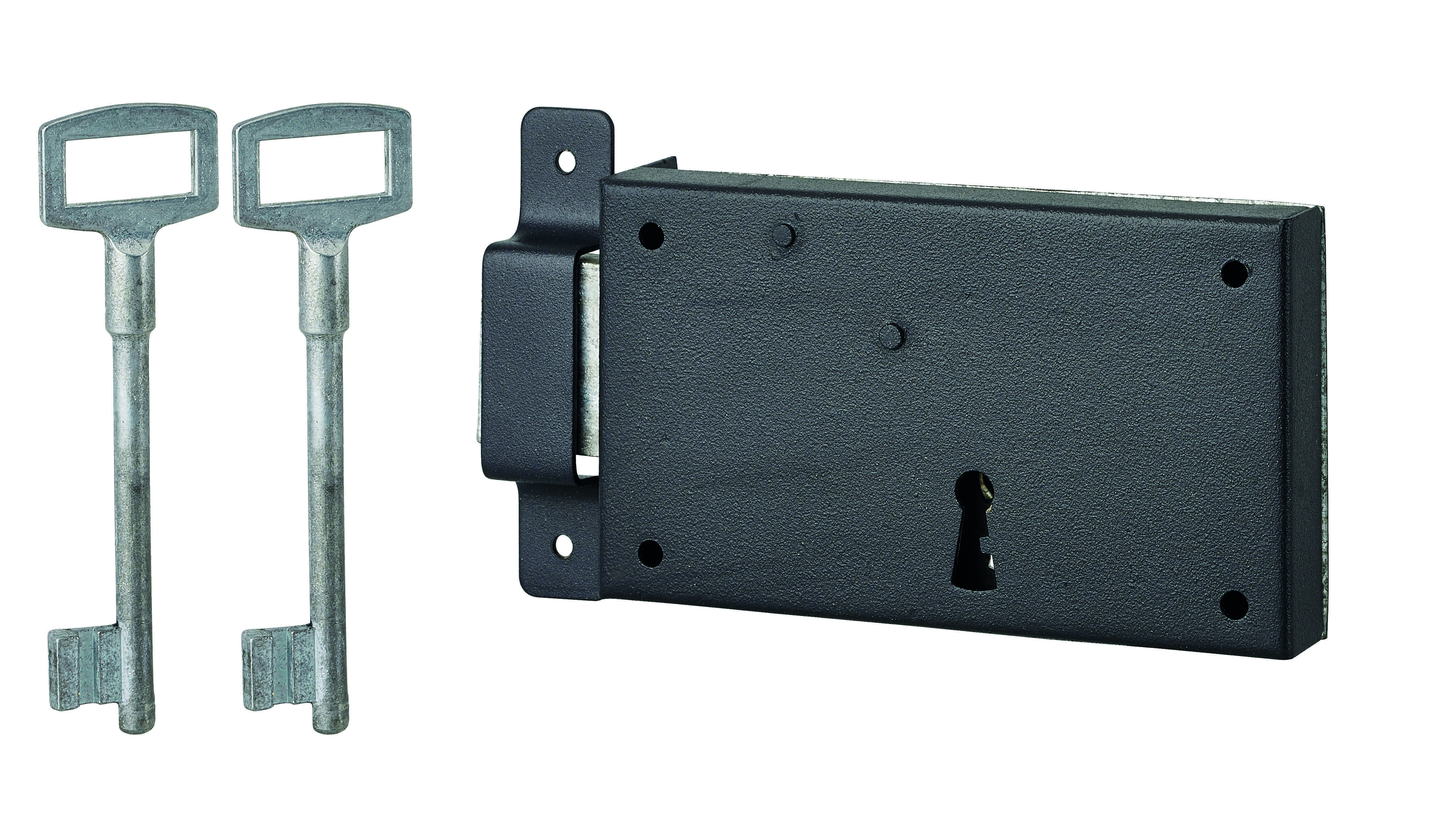 Serrure horizontale en applique à clé pour porte de cave, pêne seul, gauche, axe 80mm, 140x80mm, noir, 2 clés - THIRARD