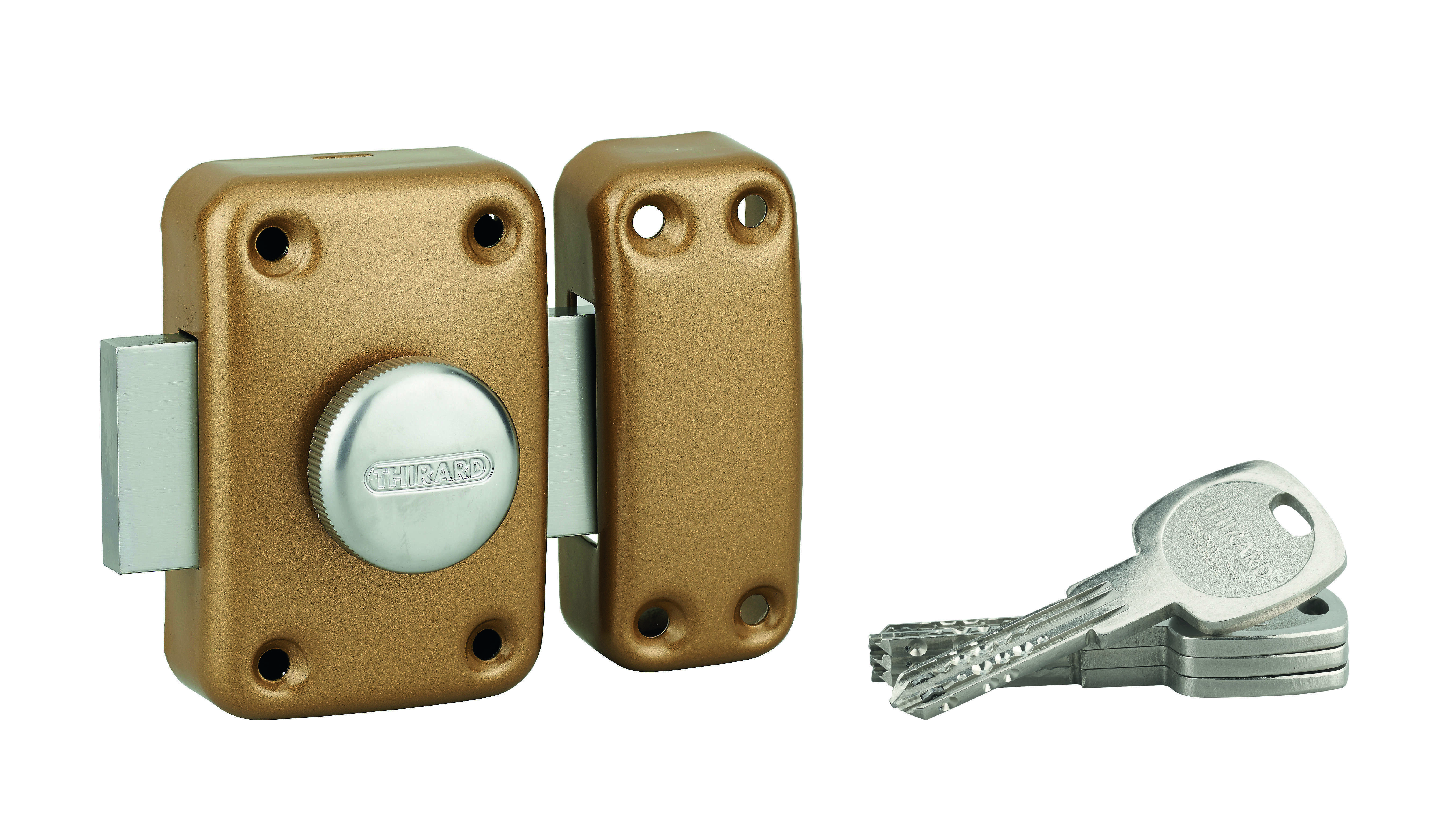 Verrou à bouton Atlantic M pour porte d'entrée, cylindre 45mm, acier, 4 clés, époxy or - THIRARD