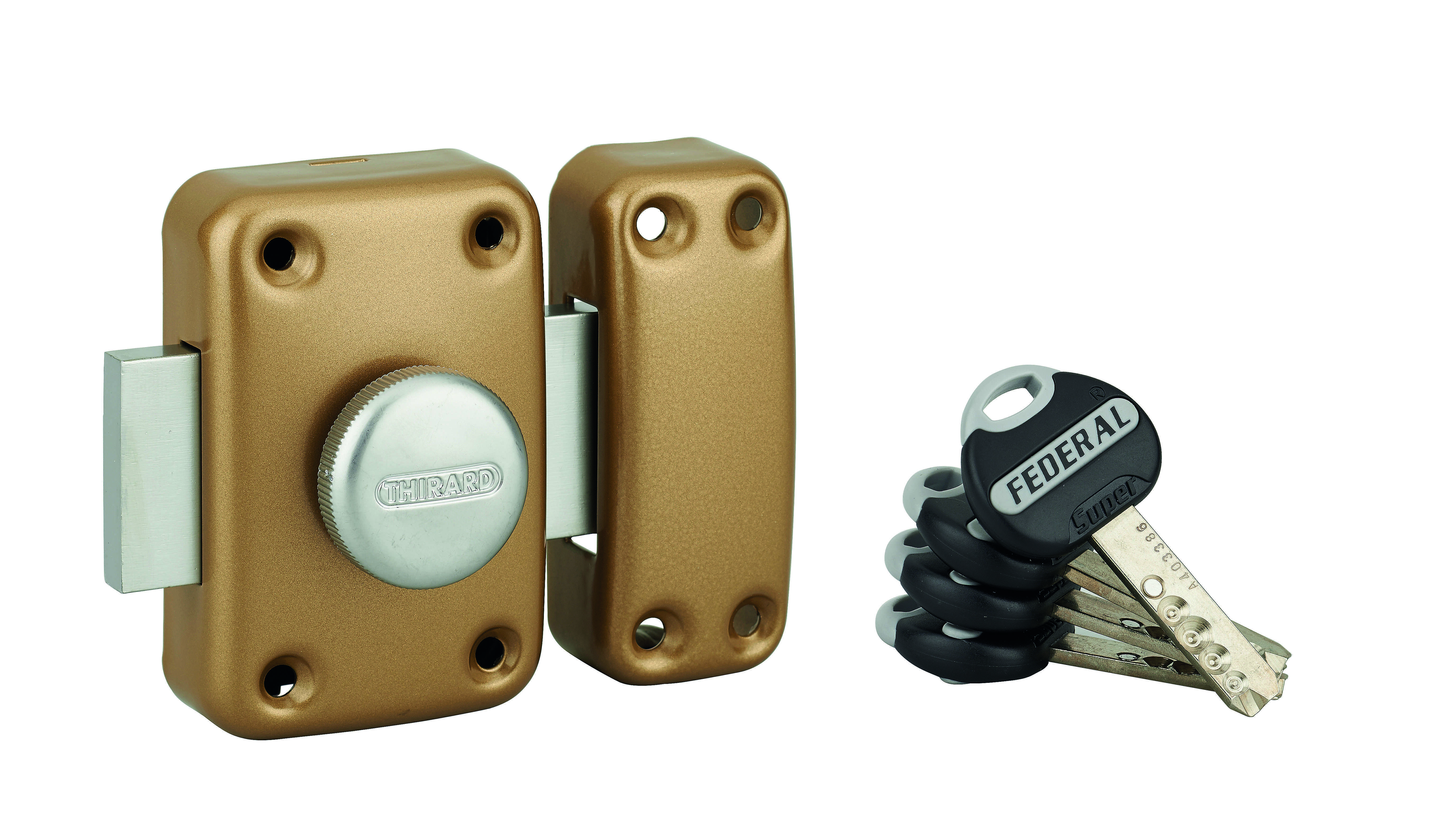 Verrou à bouton Federal pour porte d'entrée, cylindre 45mm, acier, 4 clés, époxy noir - THIRARD