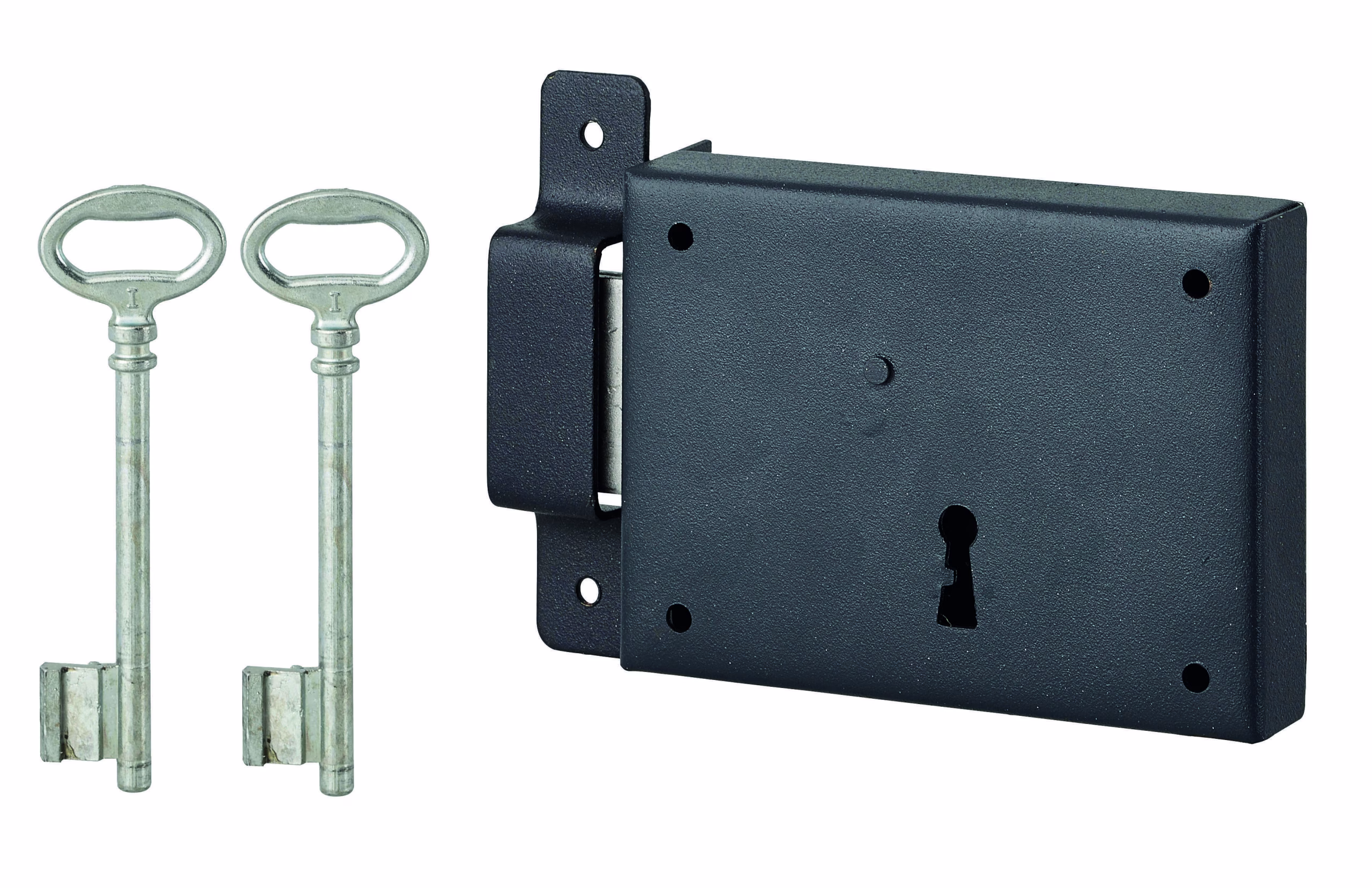 Serrure horizontale en applique à clé pour porte de cave, pêne seul, gauche, axe 60mm, 110x80mm, noir, 2 clés - THIRARD