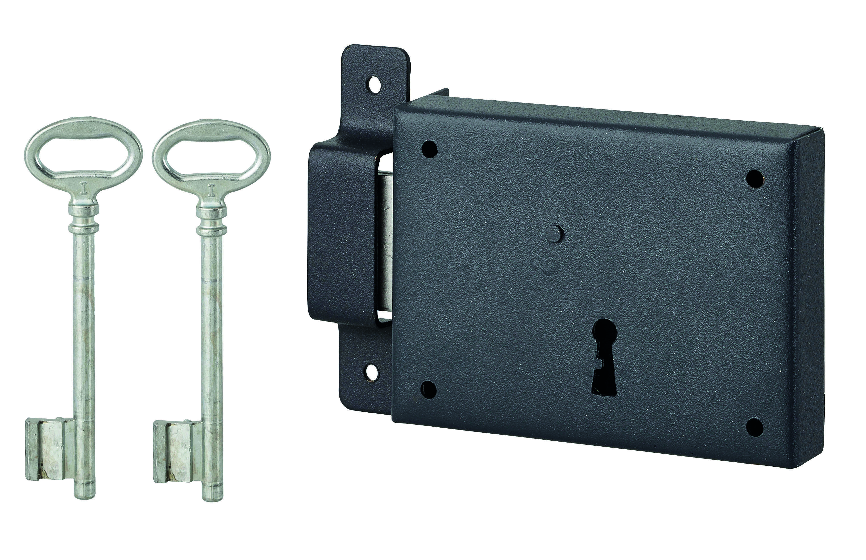Serrure horizontale en applique à clé pour porte de cave, pêne seul, gauche, axe 60mm, 110x80mm, noir, 2 clés - THIRARD
