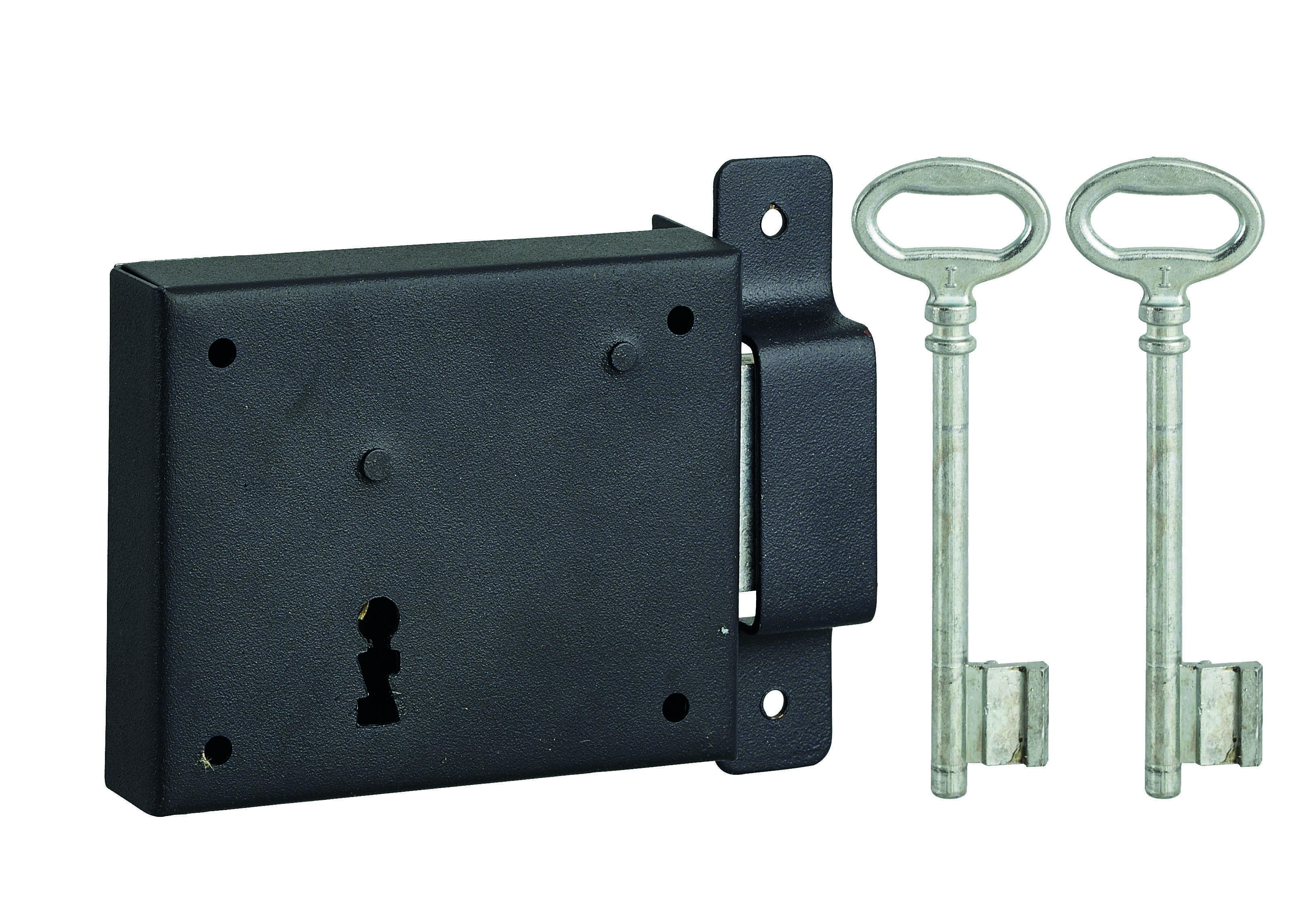 Serrure horizontale en applique à clé pour porte de cave, pêne seul, droite, axe 60mm, 95x76mm, noir, 2 clés - THIRARD