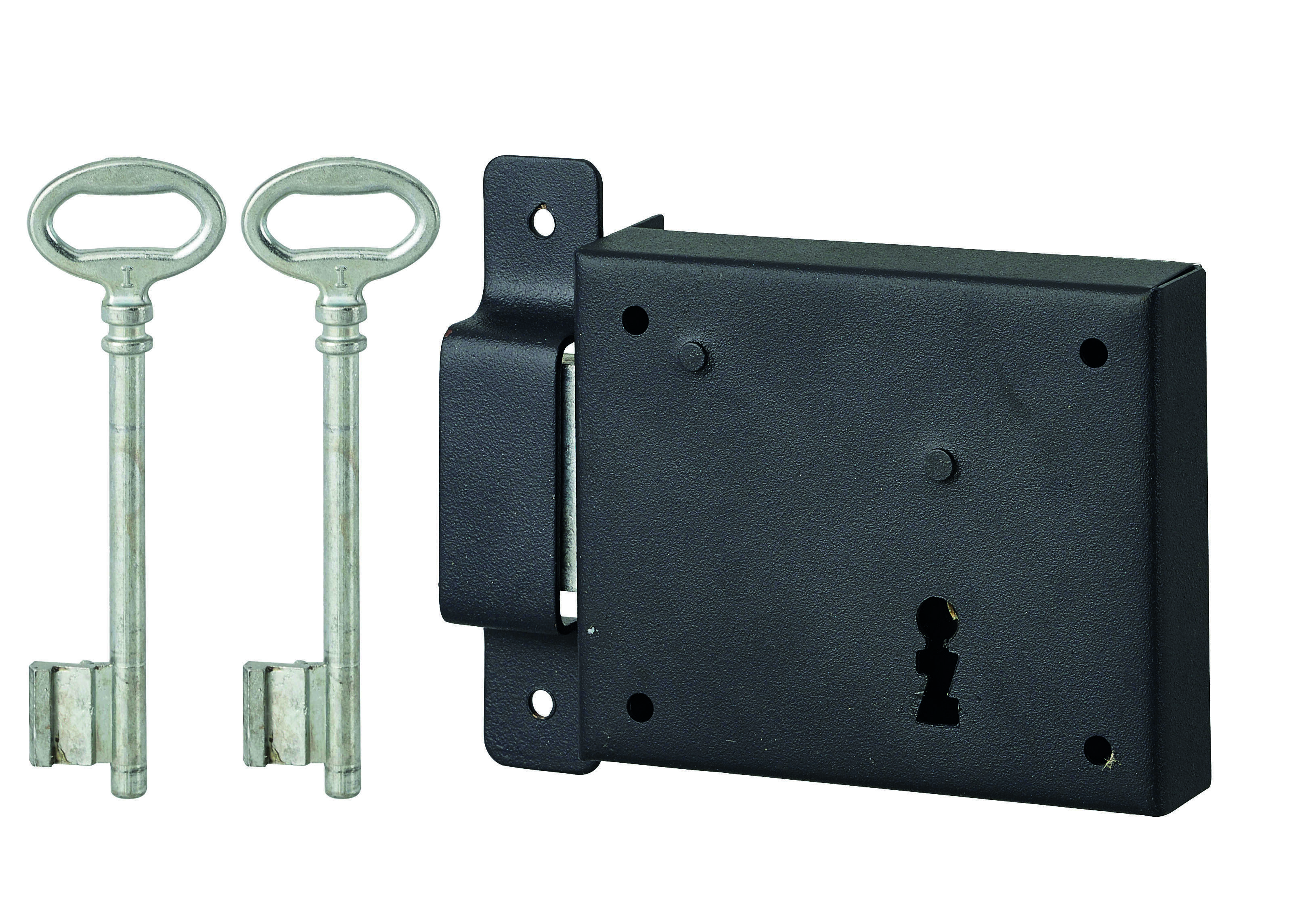 Serrure horizontale en applique à clé pour porte de cave, pêne seul, gauche, axe 60mm, 95x76mm, noir, 2 clés - THIRARD