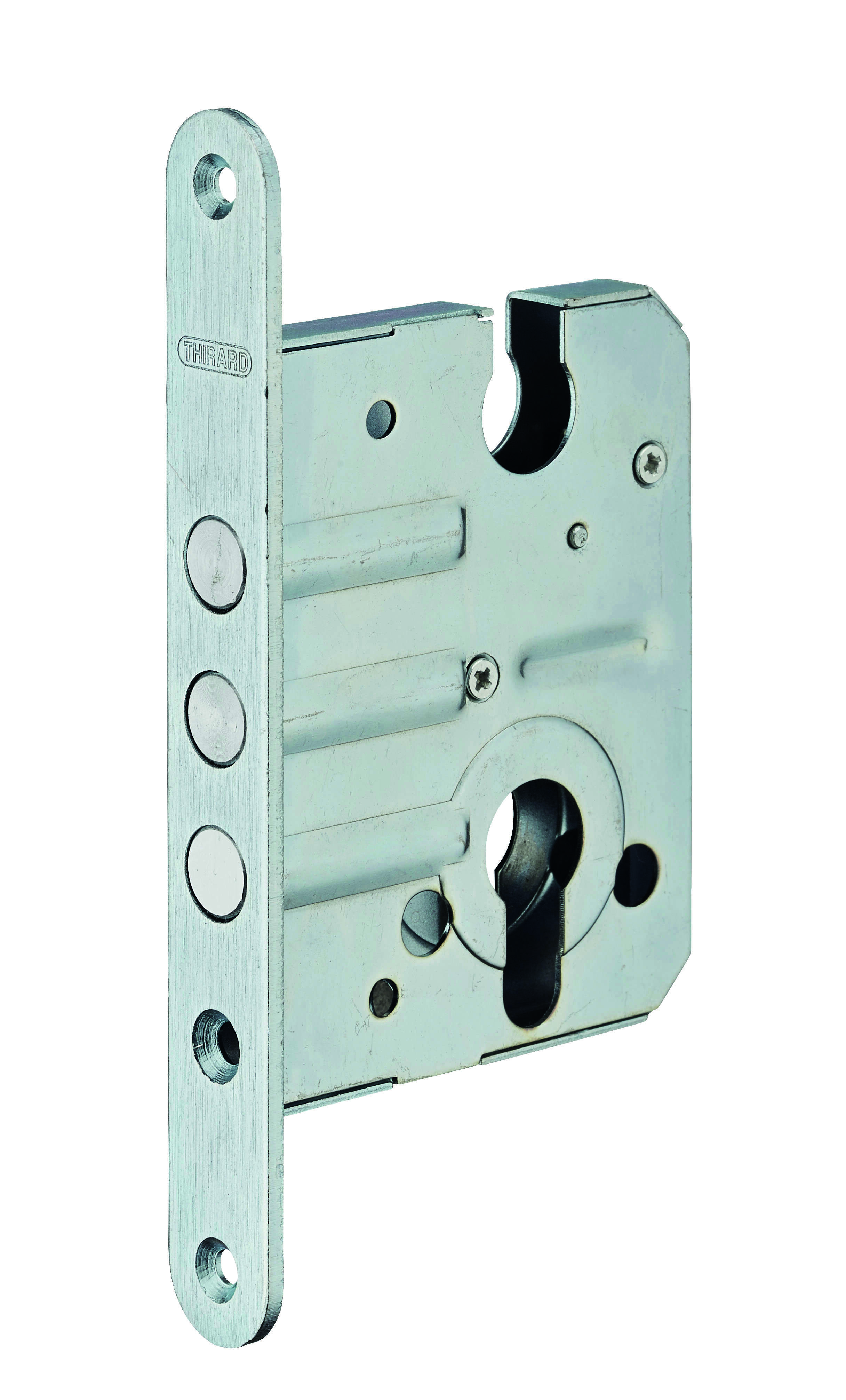 Boitier de serrure encastrable à cylindre pour porte d'entrée, axe 50mm, bouts ronds, 3 pênes, zingué - THIRARD