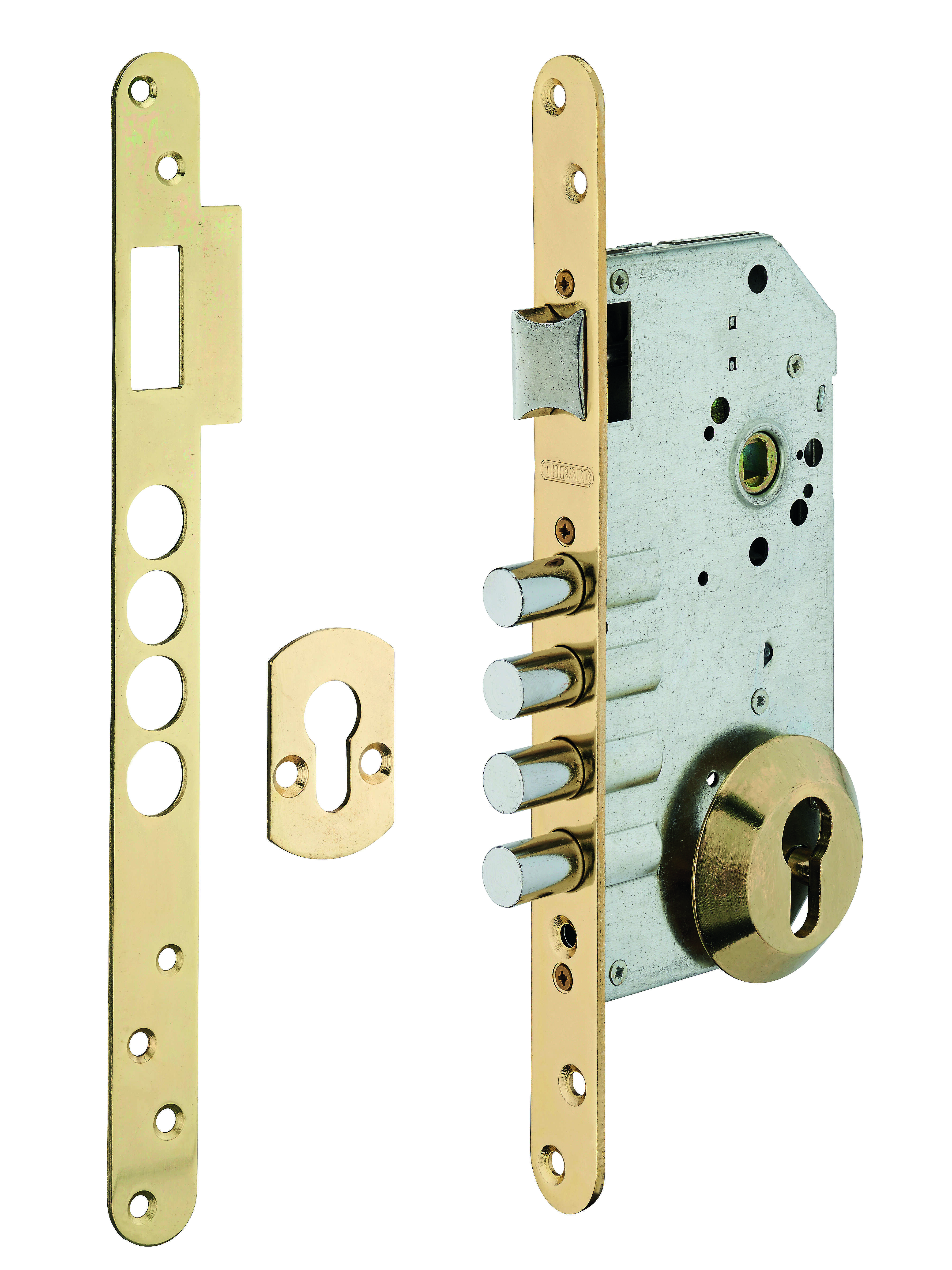 Boitier de serrure encastrable à cylindre pour porte d'entrée, axe 60mm, 4 pênes, bouts ronds, laiton - THIRARD