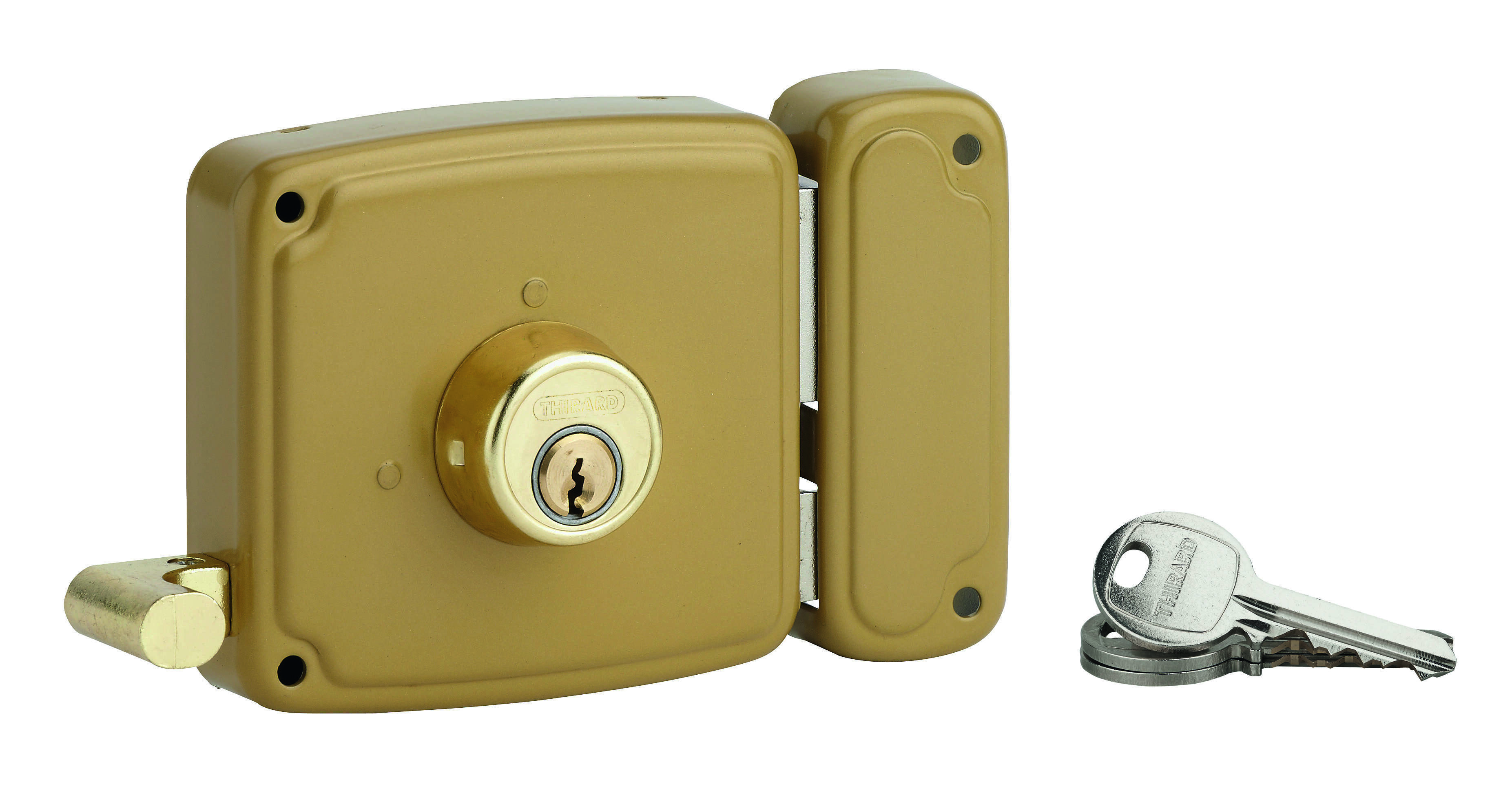 Serrure horizontale en applique double entrée à tirage pour porte d'entrée, droite, 100x94mm, axe 50mm, marron, 3 clés - THIRARD