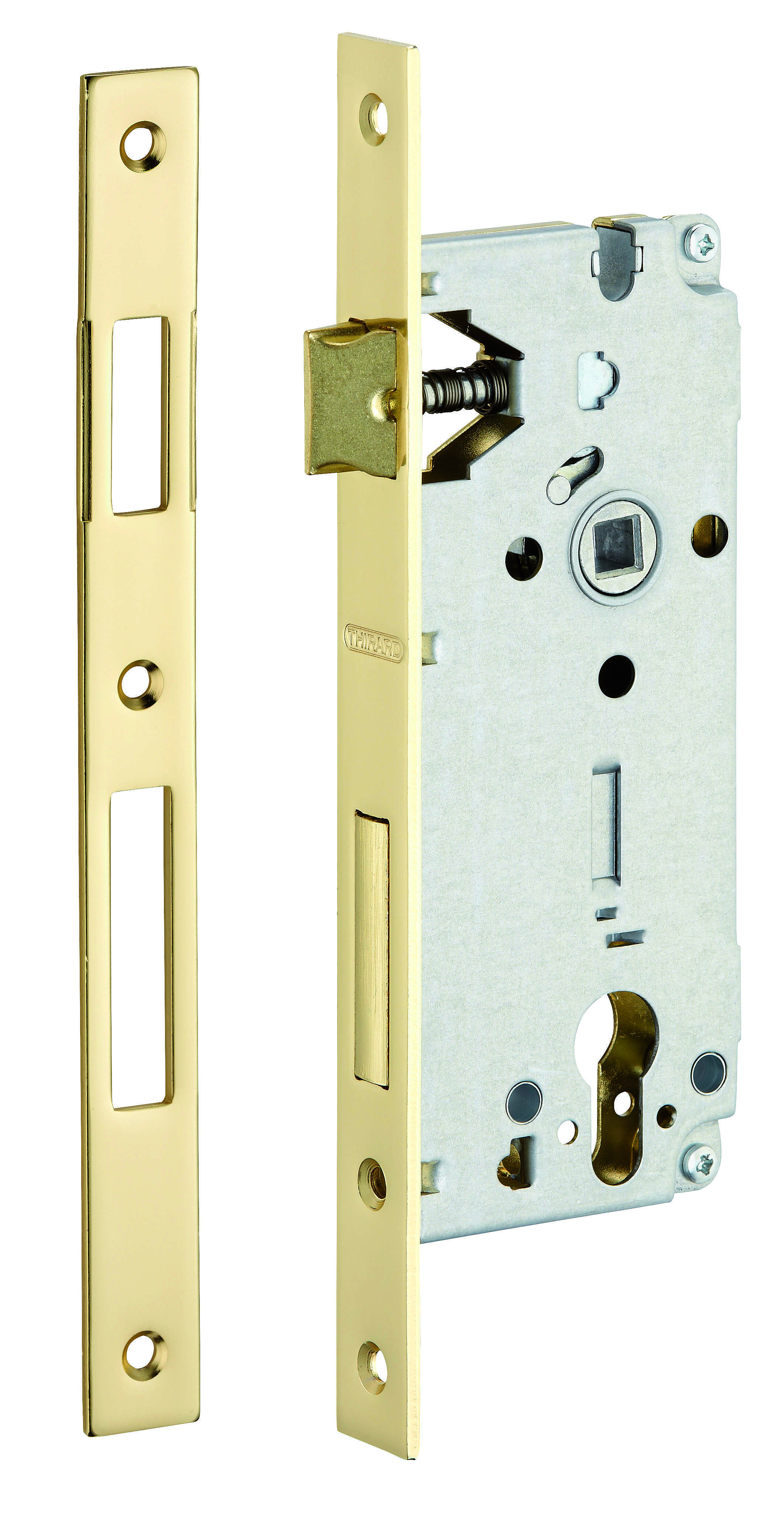 Boitier de serrure encastrable à cylindre pour porte d'entrée, axe 45mm, bouts carrés, têtière laitonnée - THIRARD