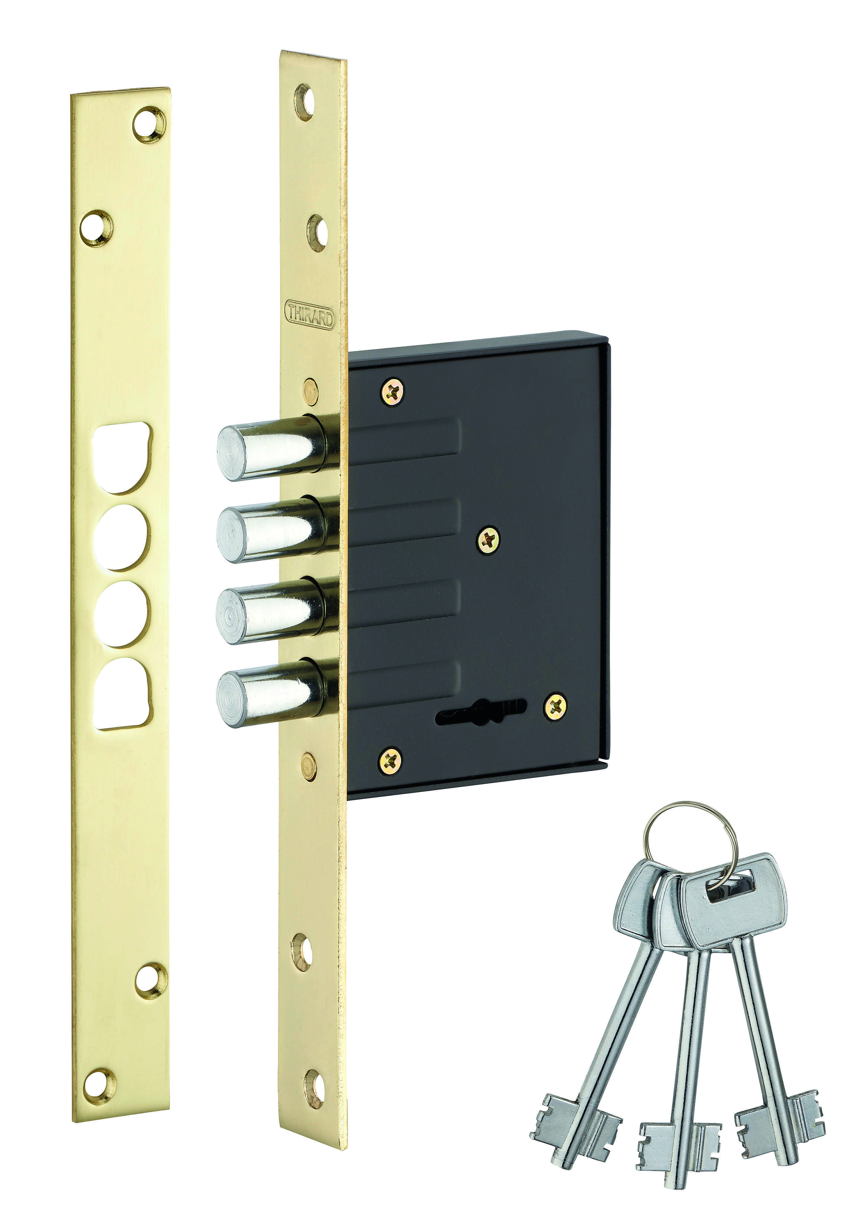 Serrure encastrable pour porte d'entrée, axe 40mm, 4 pênes ronds, têtière laitonnée, 3 clés - THIRARD