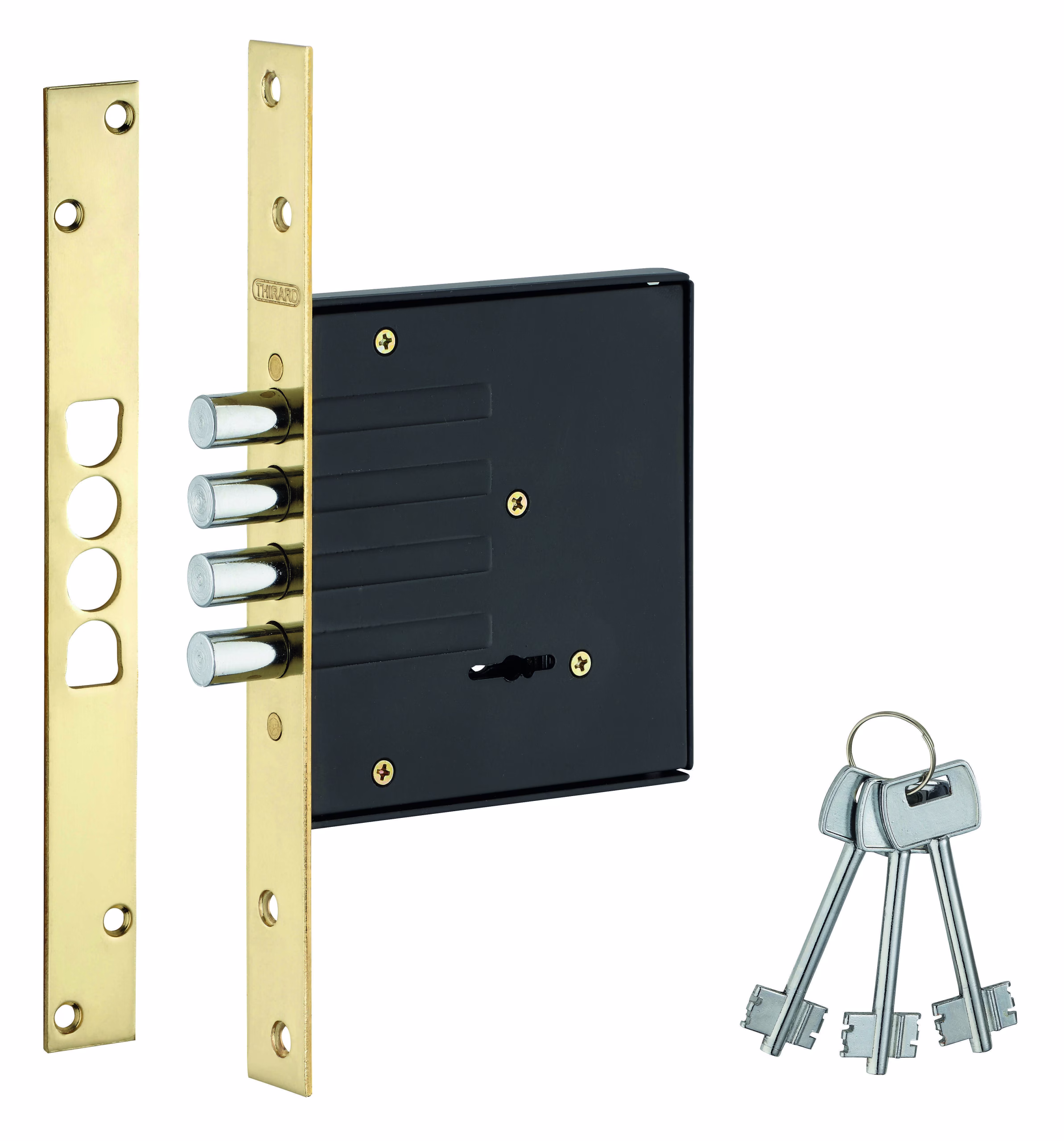 Serrure encastrable à pênes ronds pour porte d'entrée, axe 60mm, bouts carrés, 3 clés - THIRARD