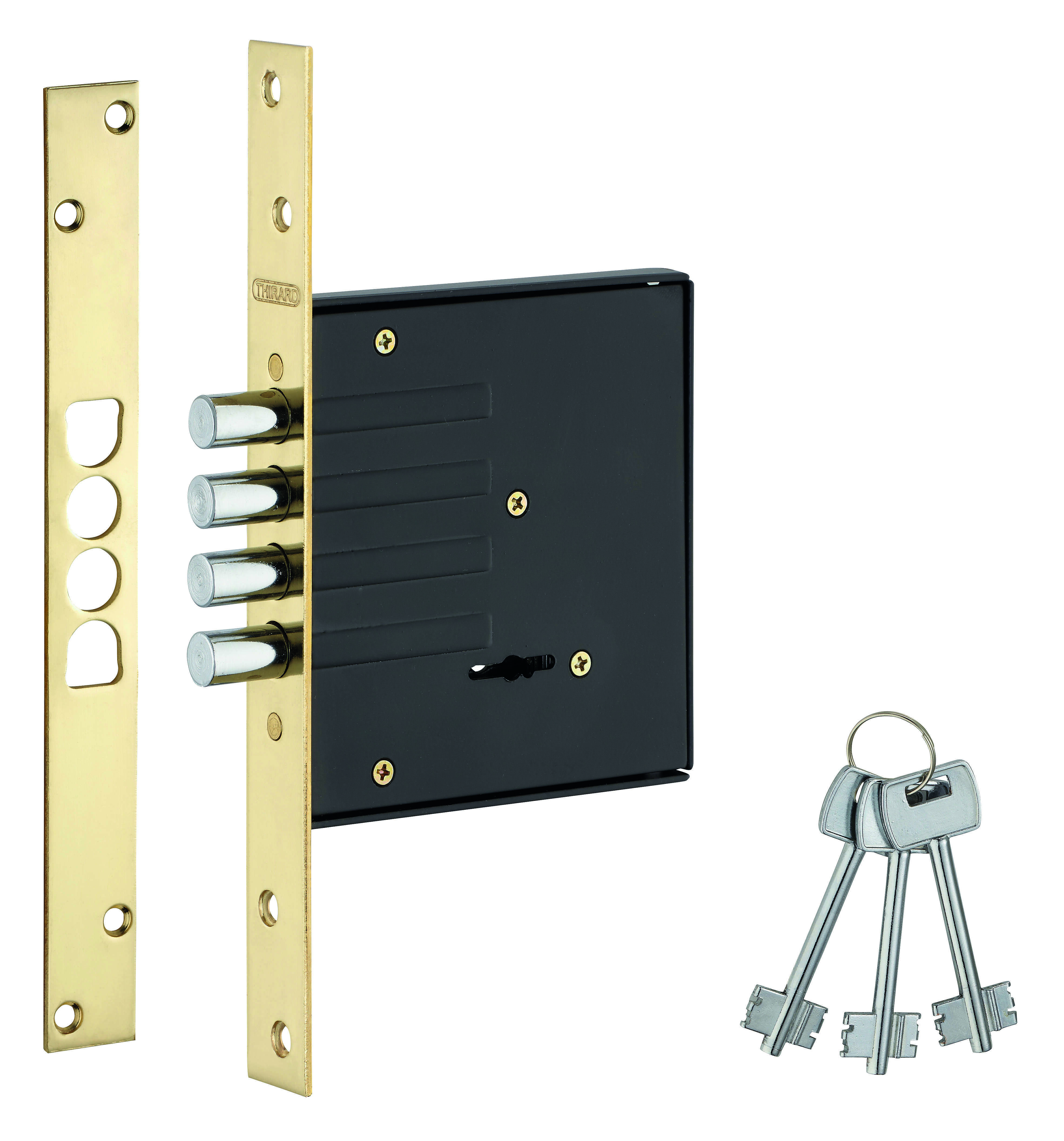 Serrure encastrable à pênes ronds pour porte d'entrée, axe 60mm, bouts carrés, 3 clés - THIRARD