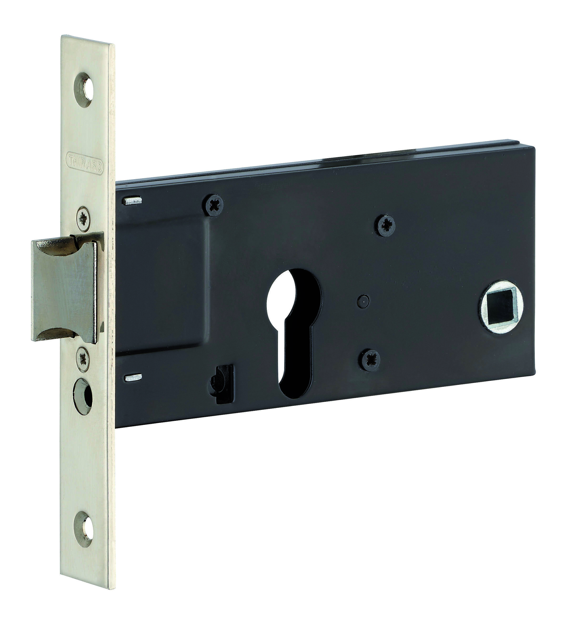 Boitier de serrure encastrable à cylindre pour porte d'entrée, axe 60mm, bouts carrés, nickelé - THIRARD