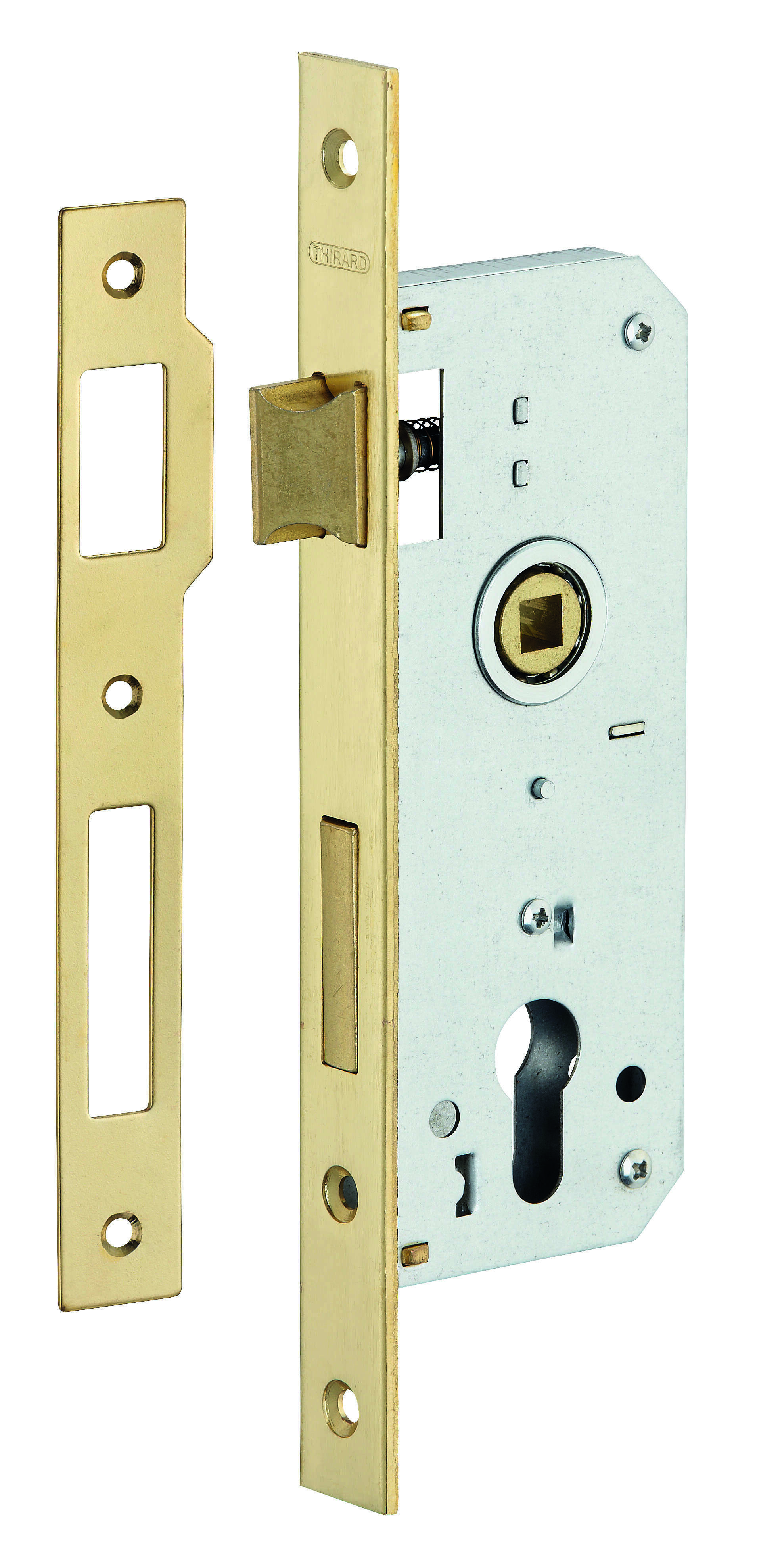 Boitier de serrure encastrable à cylindre pour porte d'entrée, axe 35mm, bouts carrés, têtière laitonnée - THIRARD