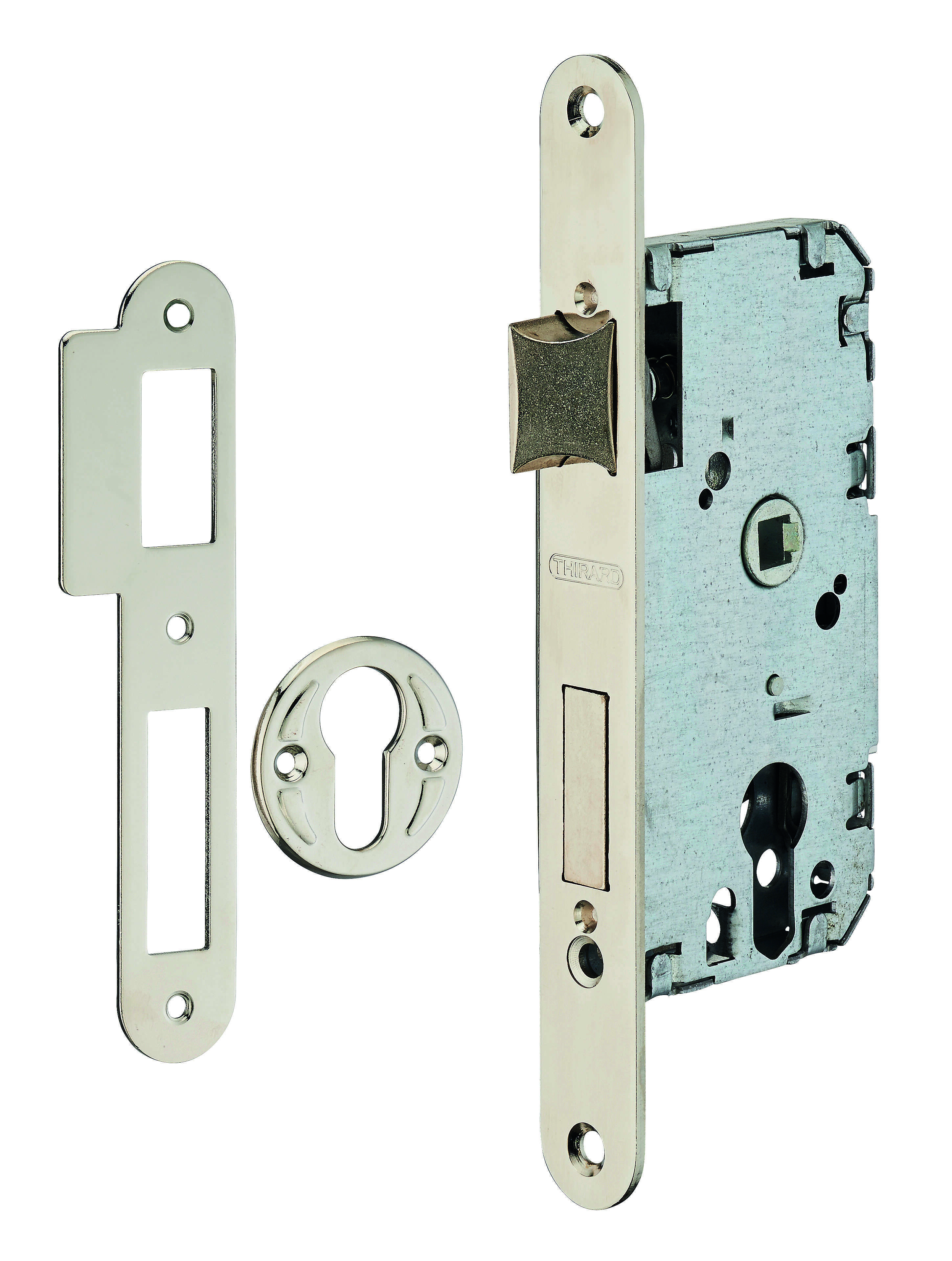 Boitier de serrure encastrable à cylindre pour porte d'entrée, axe 40mm, bouts ronds, têtière nickelée - THIRARD