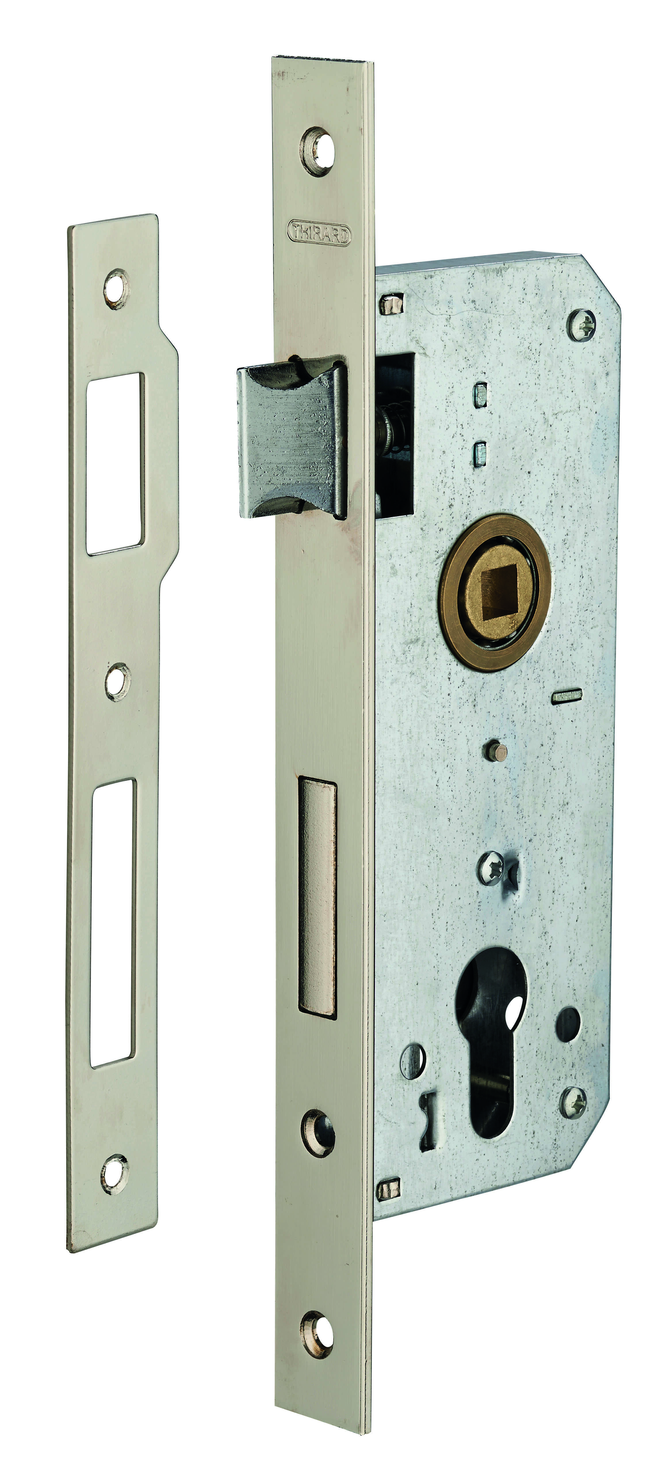 Boitier de serrure encastrable à cylindre pour porte d'entrée, axe 35mm, bouts carrés, têtière nickelée - THIRARD