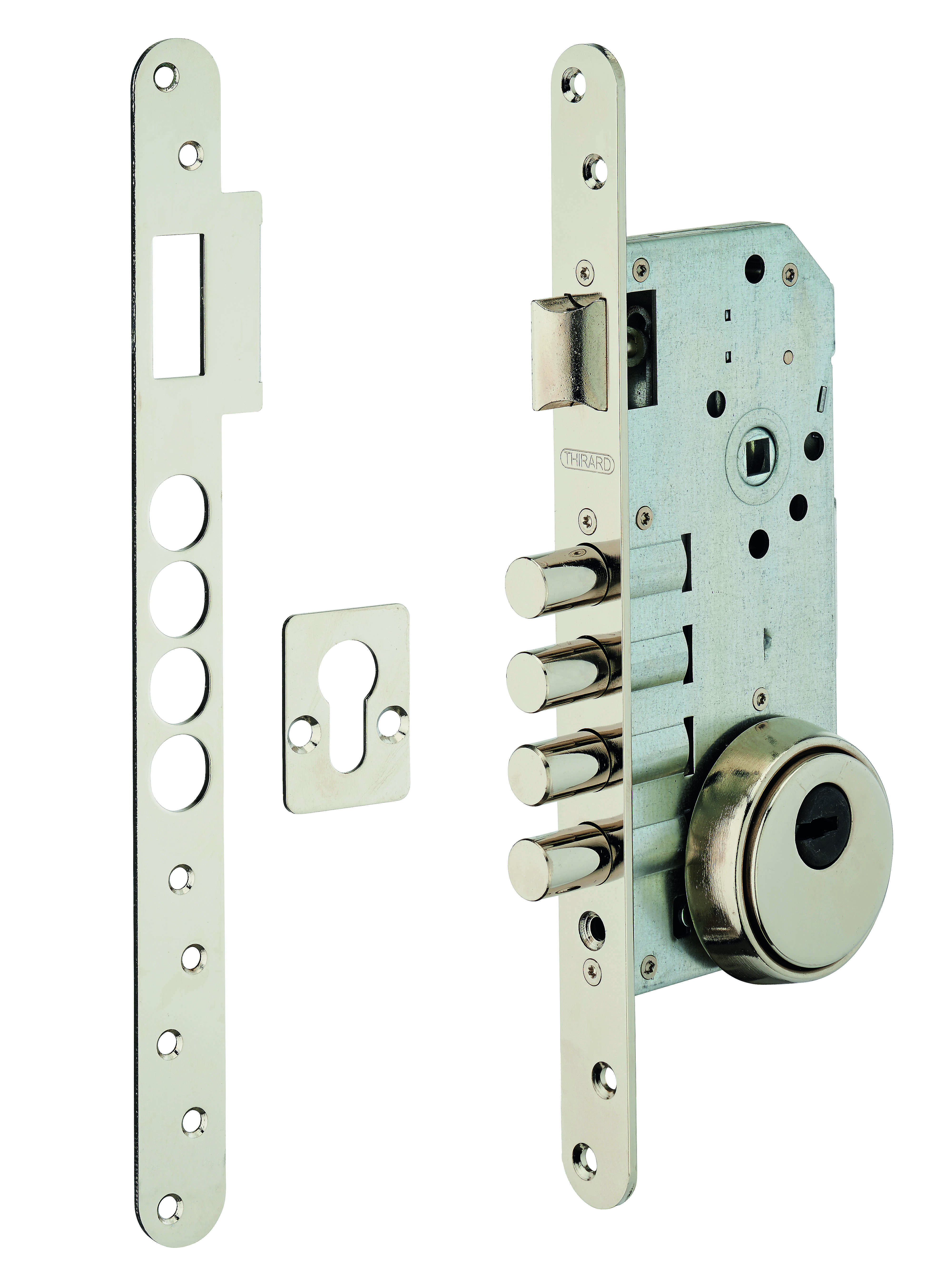 Boitier de serrure encastrable à cylindre pour porte d'entrée, axe 50mm, bouts carrés, 4pts, nickelé, rosace fermée - THIRARD