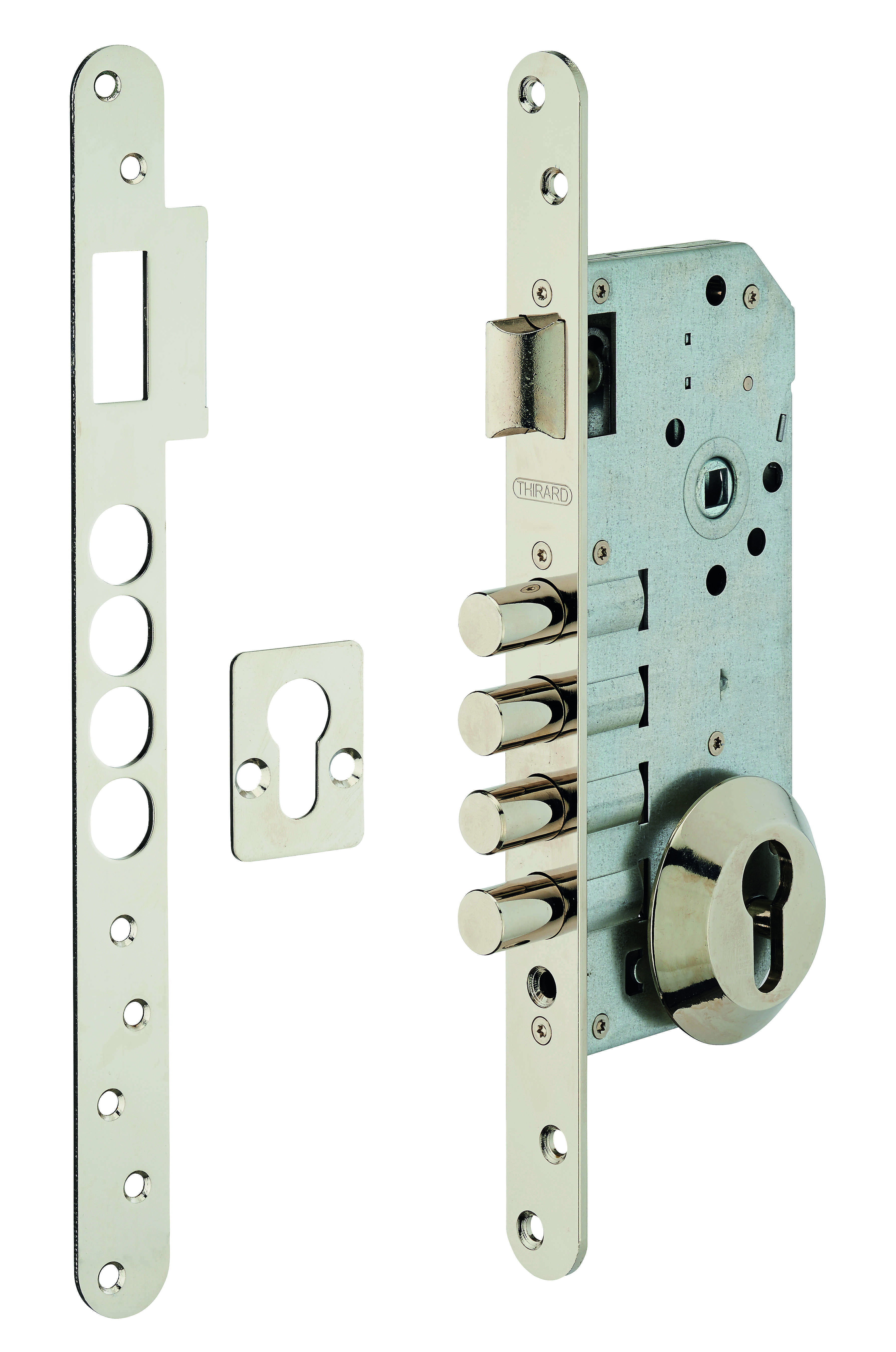Boitier de serrure encastrable à cylindre pour porte d'entrée, rosace ouverte, axe 50mm, bouts ronds - THIRARD