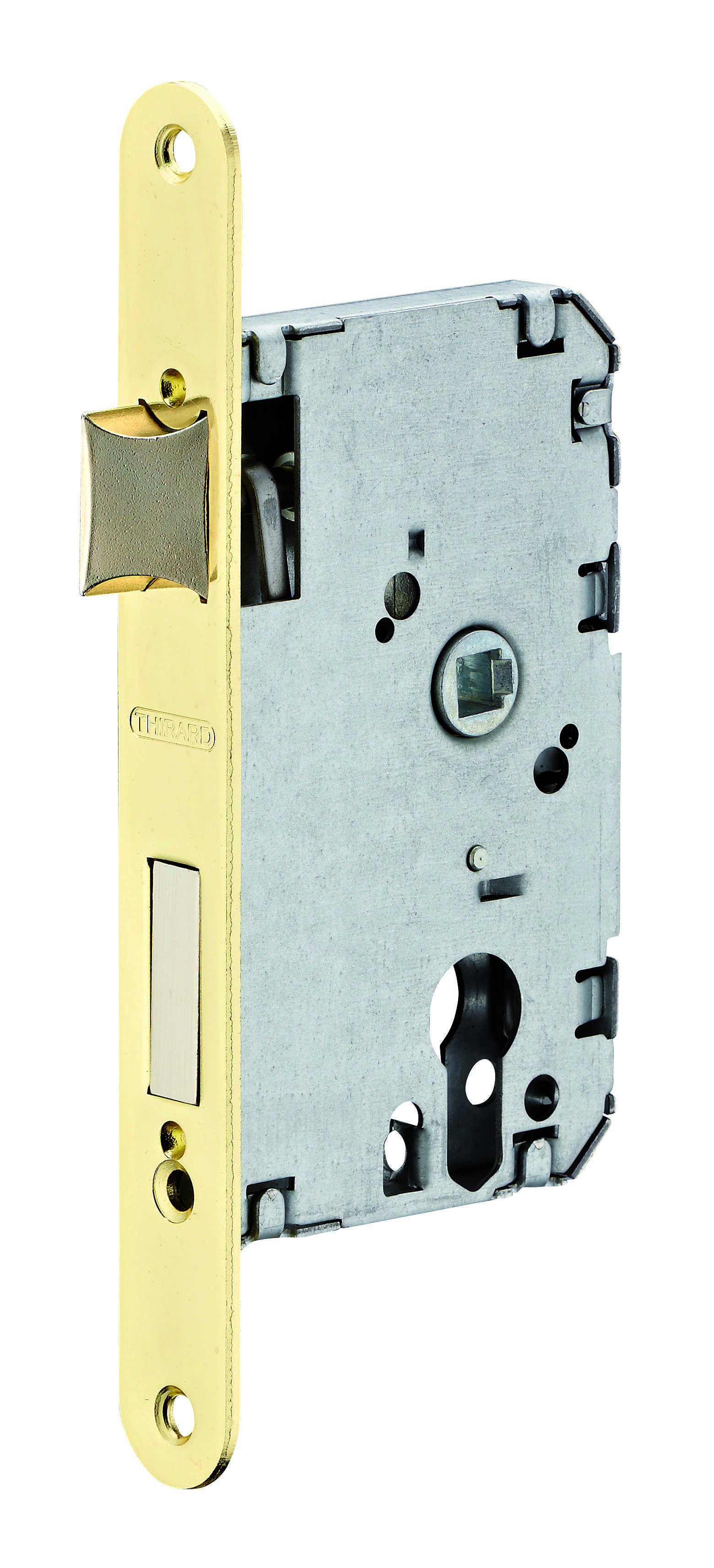 Boitier de serrure encastrable à cylindre pour porte d'entrée, axe 50mm, bouts ronds, laitonné - THIRARD