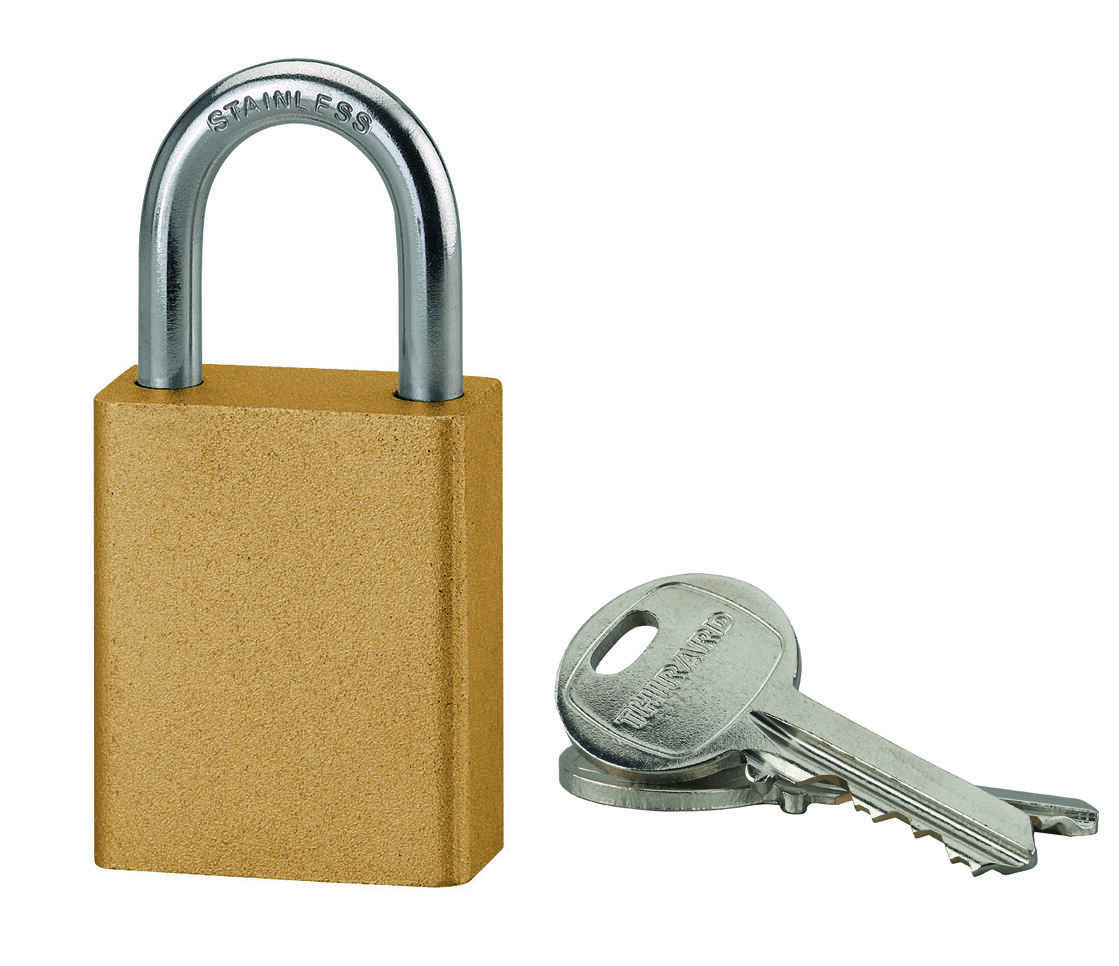 Cadenas à clé Cobble, aluminium, extérieur, anse inox, 38mm, jaune, 2 clés - THIRARD
