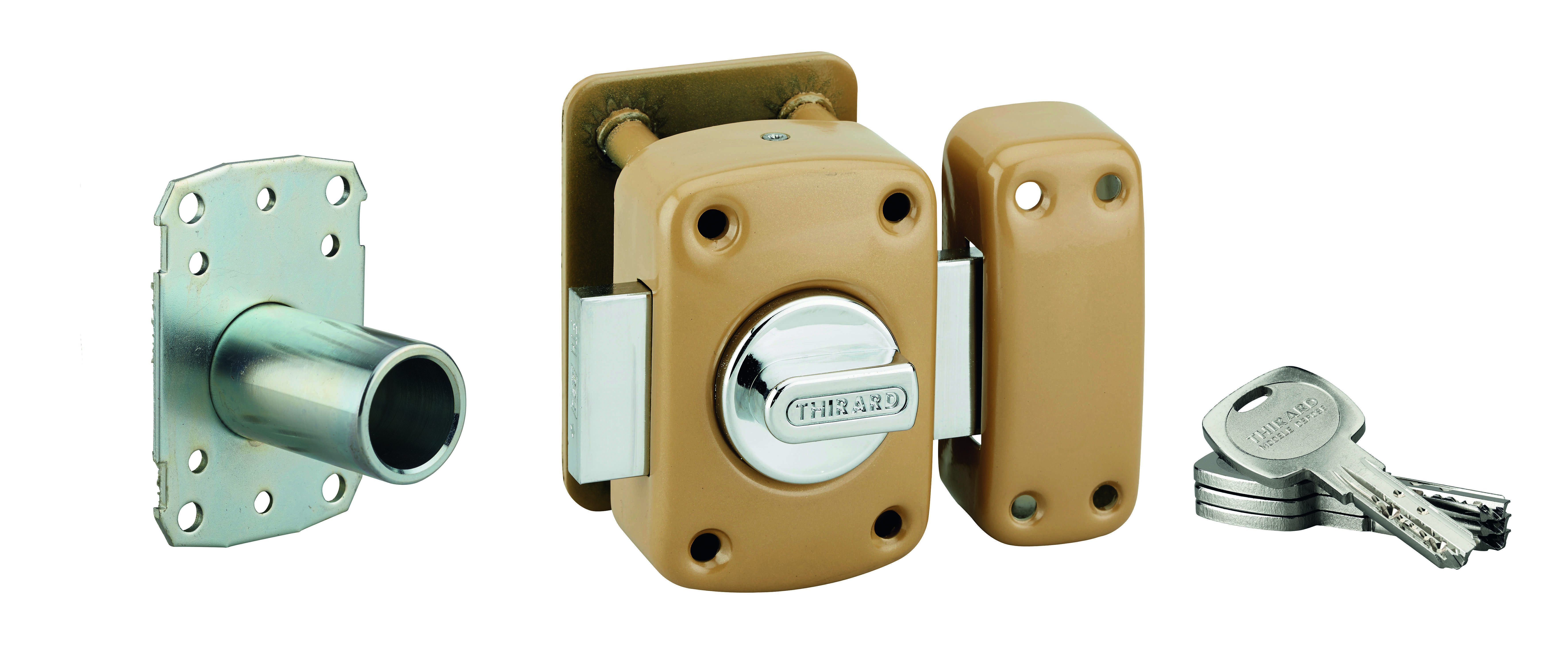 Verrou à bouton Transit 2 A2P* pour porte d'entrée, cylindre 45mm, acier, 4 clés, époxy bronze - THIRARD