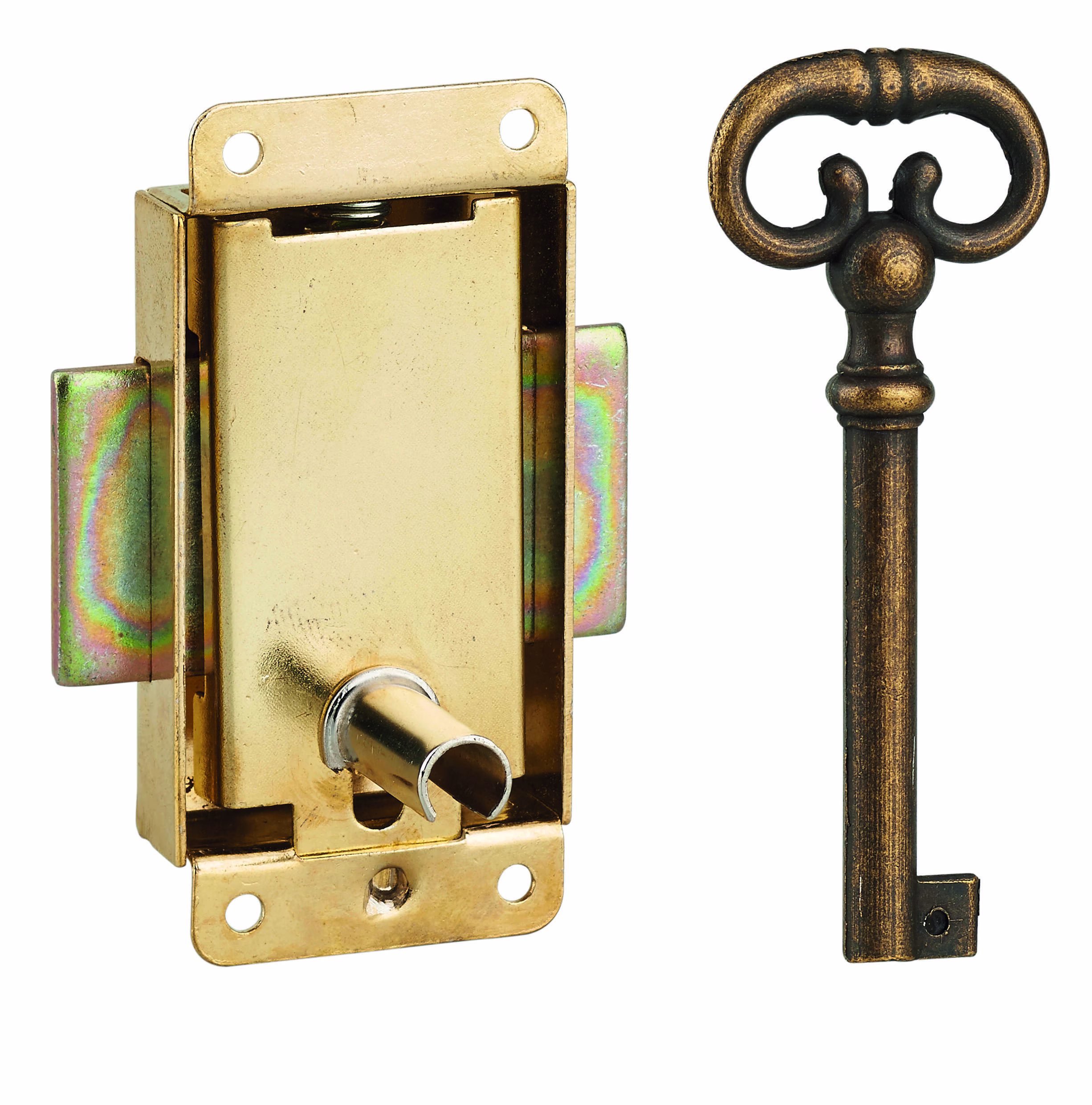 Serrure de meuble en applique pour porte d'ameublement, axe 15mm, 30x50mm, laiton, 1 clé - THIRARD