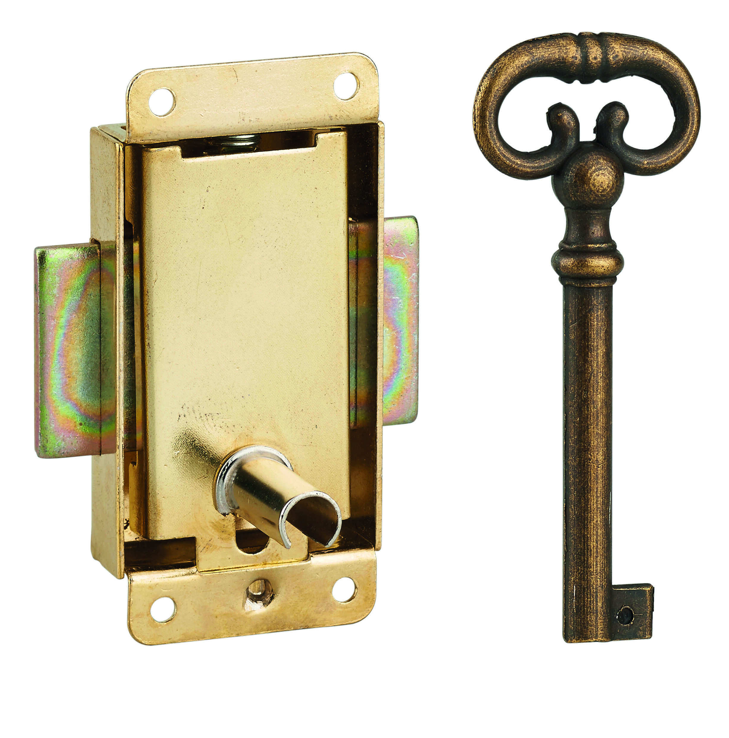 Serrure de meuble en applique pour porte d'ameublement, axe 15mm, 30x50mm, laiton, 1 clé - THIRARD