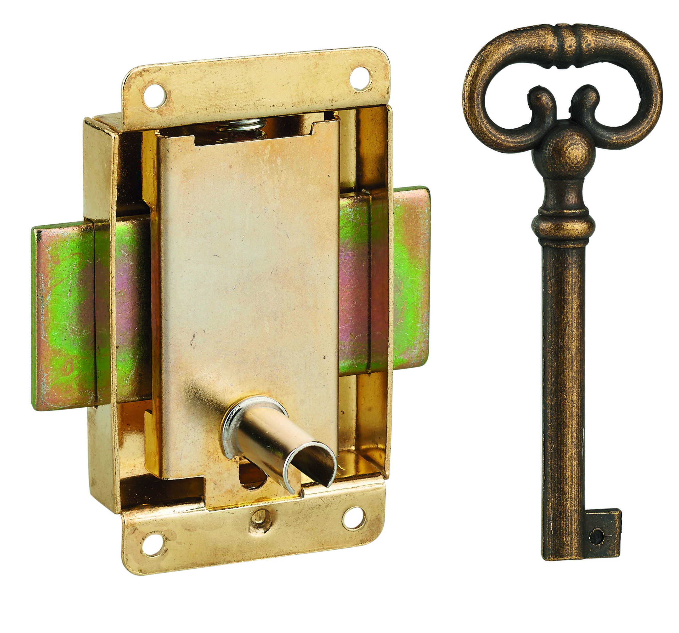 Serrure de meuble en applique pour porte d'ameublement, axe 20mm, 40x50mm, laiton, 1 clé - THIRARD