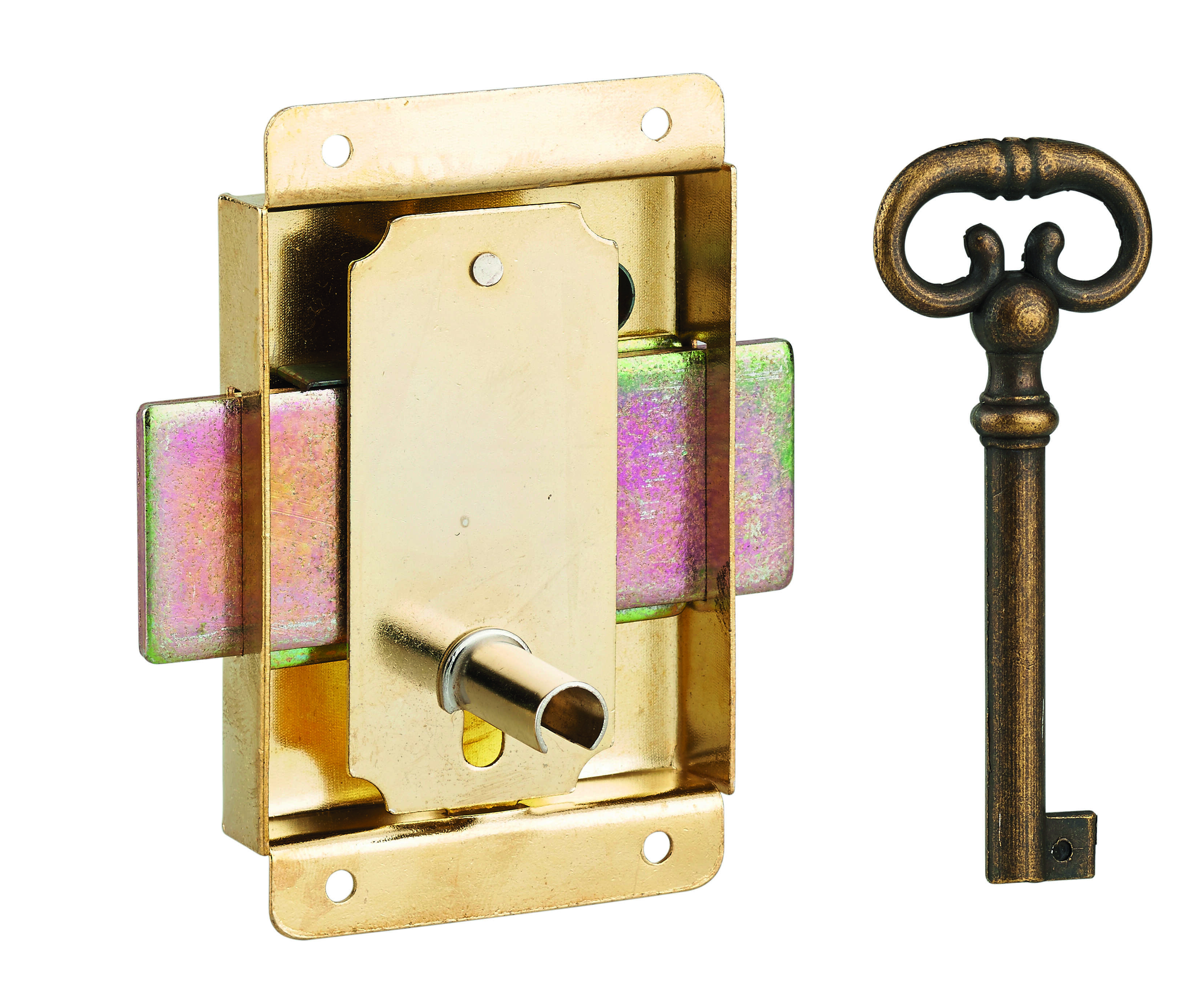 Serrure de meuble à pattes pour porte d'ameublement, 50mm, acier laitonné, 1 clé - THIRARD