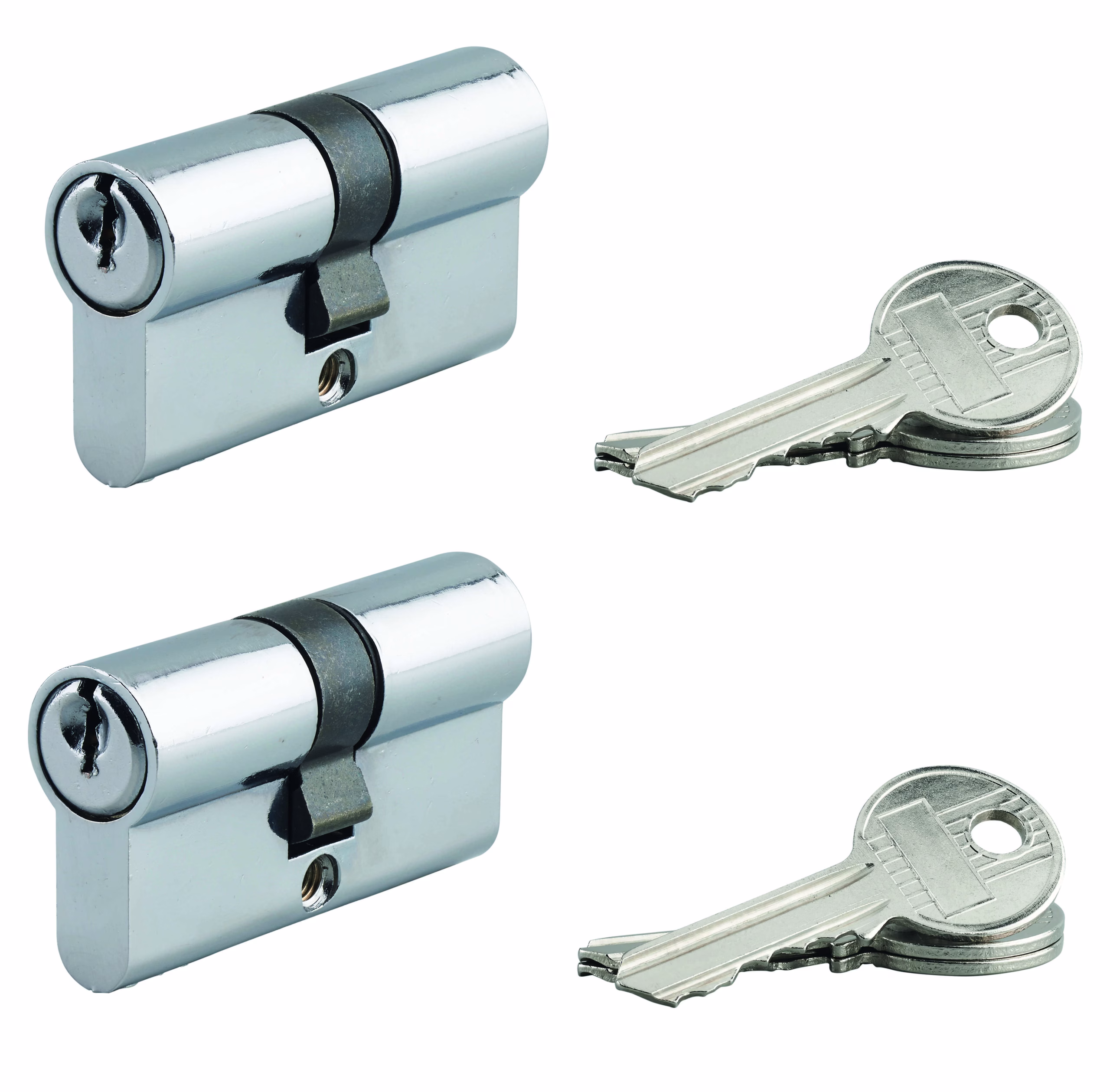 ENSEMBLE DE 2 CYLINDRES À 5 GOUJONS CHROMÉS - 30 X 30 MM - 6 CLÉS UNIFIÉES / BLISTER