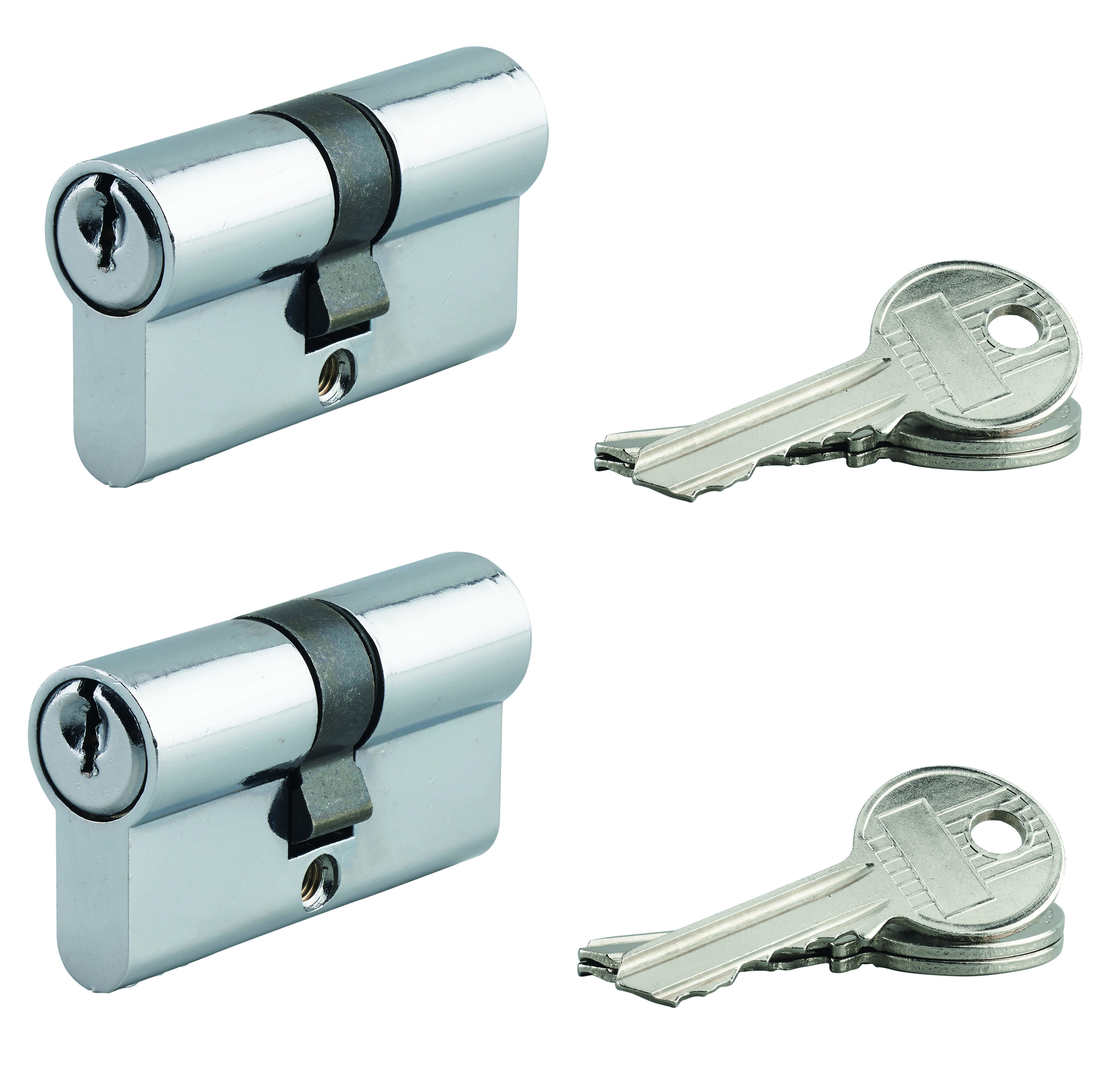 ENSEMBLE DE 2 CYLINDRES À 5 GOUJONS CHROMÉS - 30 X 30 MM - 6 CLÉS UNIFIÉES / BLISTER