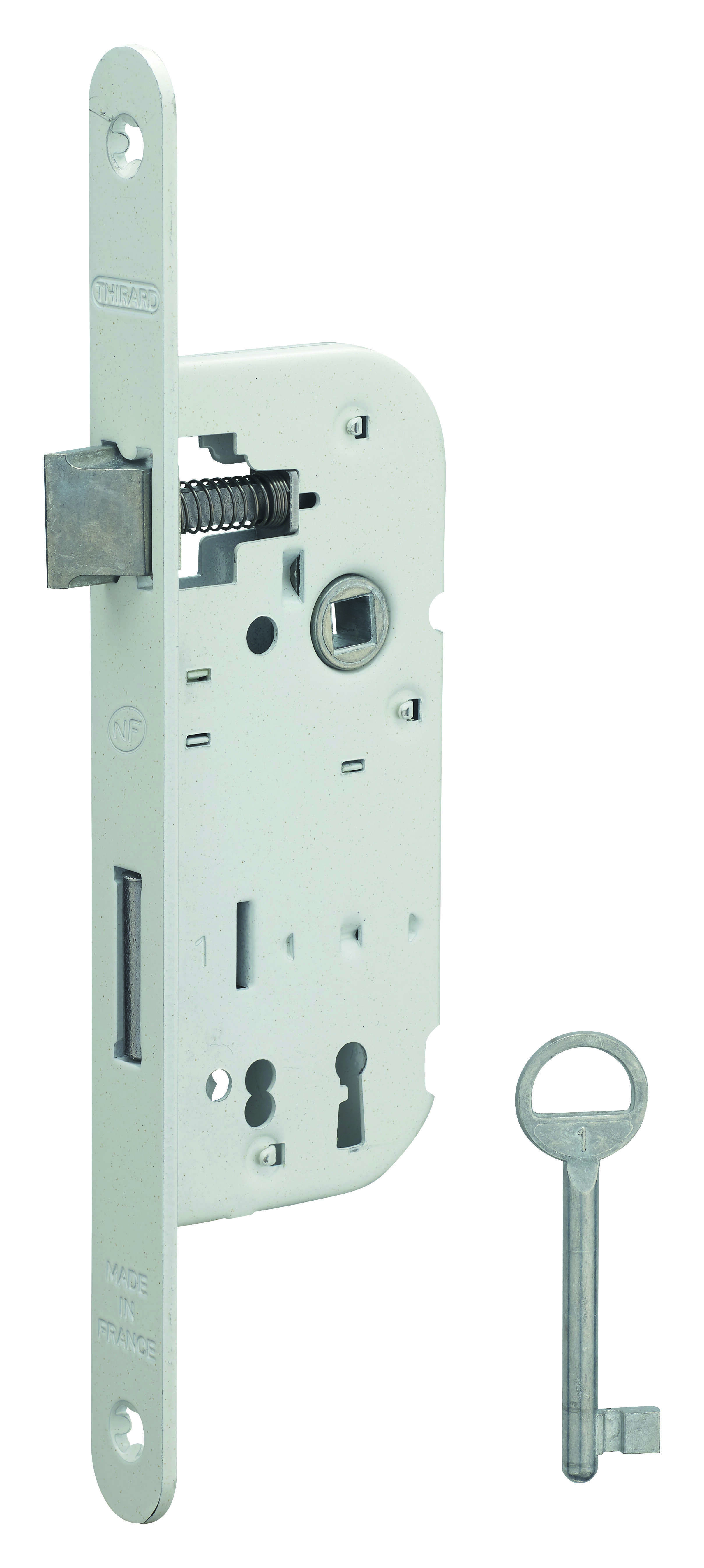 Lot de 50 serrures NF encastrables pour porte de chambre, axe 40mm, bouts ronds, blanc, 1 clé - THIRARD