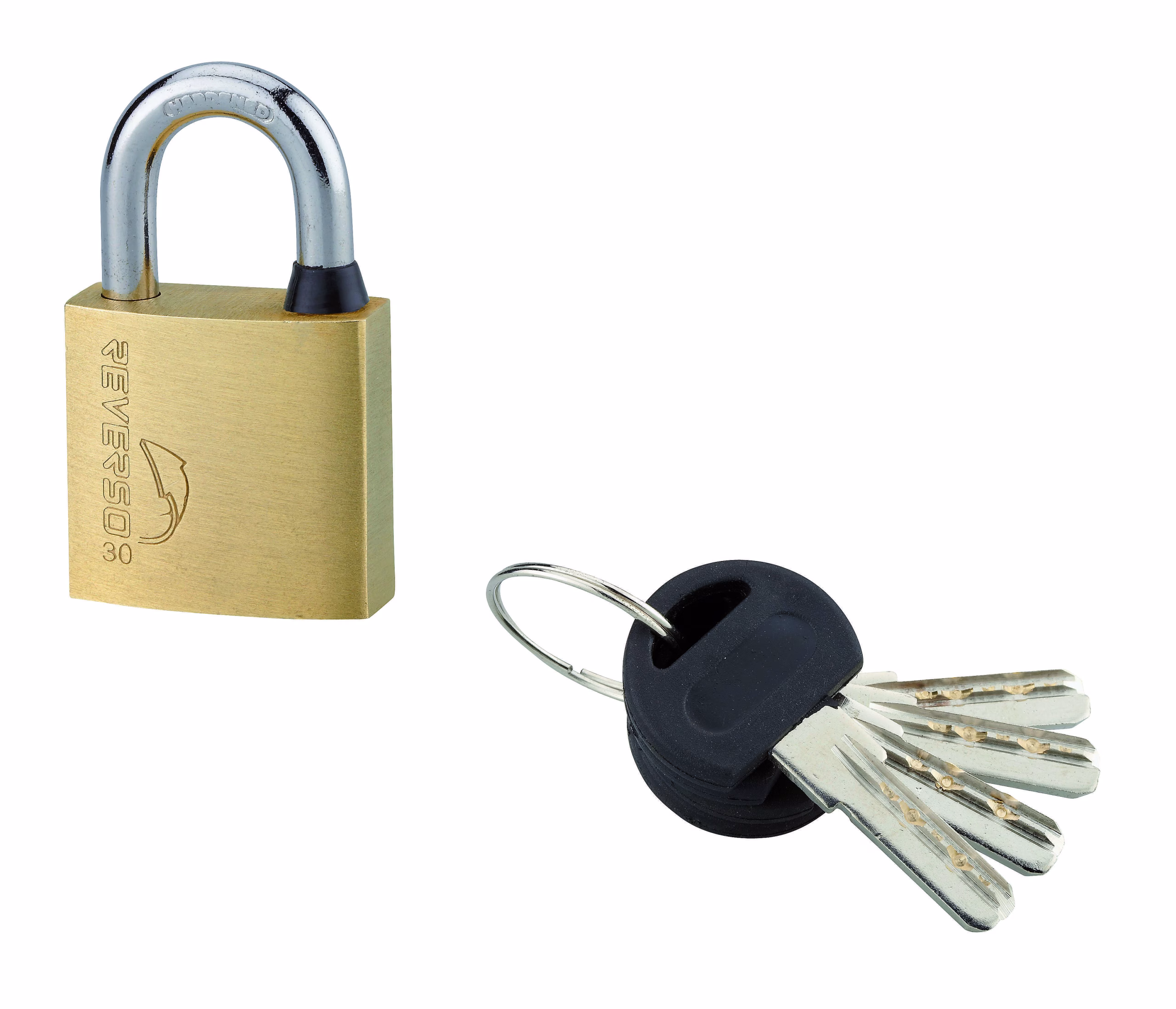 Cadenas à clé Reverso, laiton, extérieur, anse acier, 30mm, 4 clés - THIRARD
