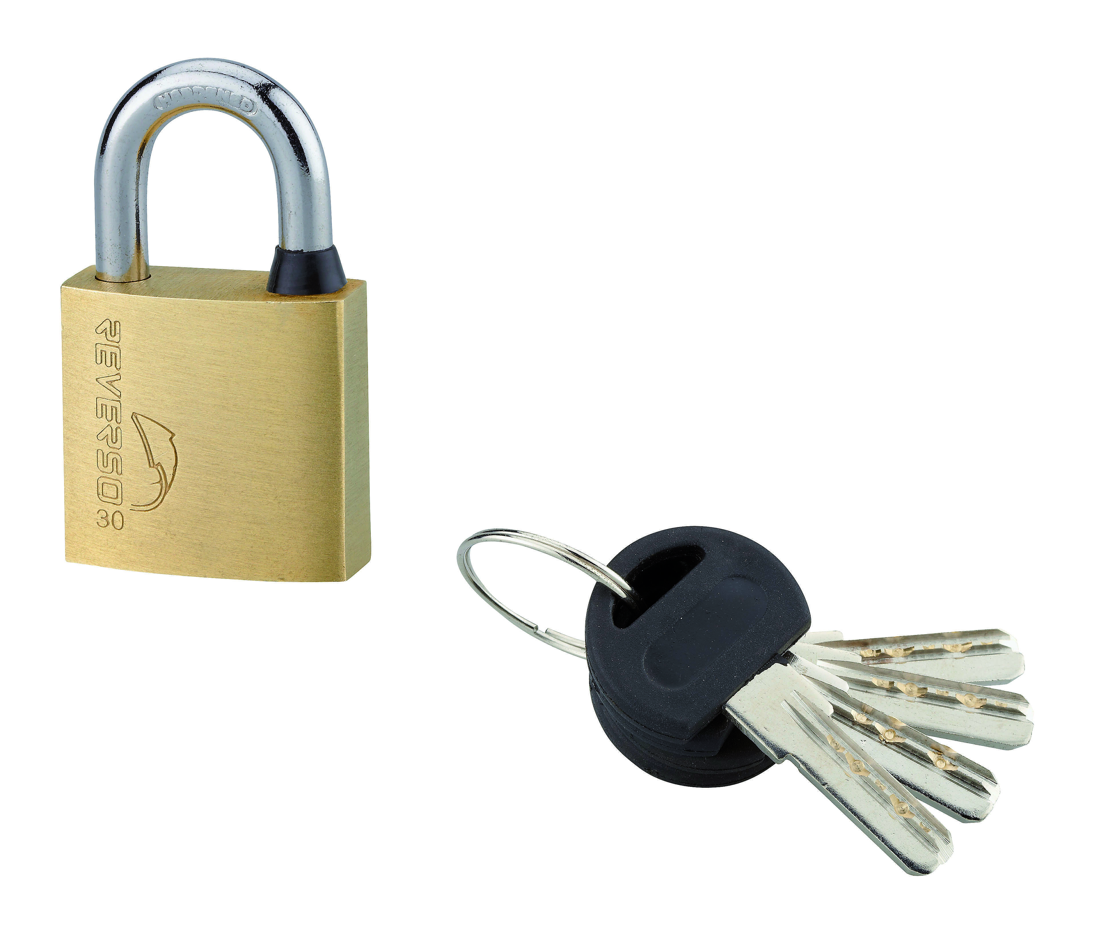 Cadenas à clé Reverso, laiton, extérieur, anse acier, 30mm, 4 clés - THIRARD