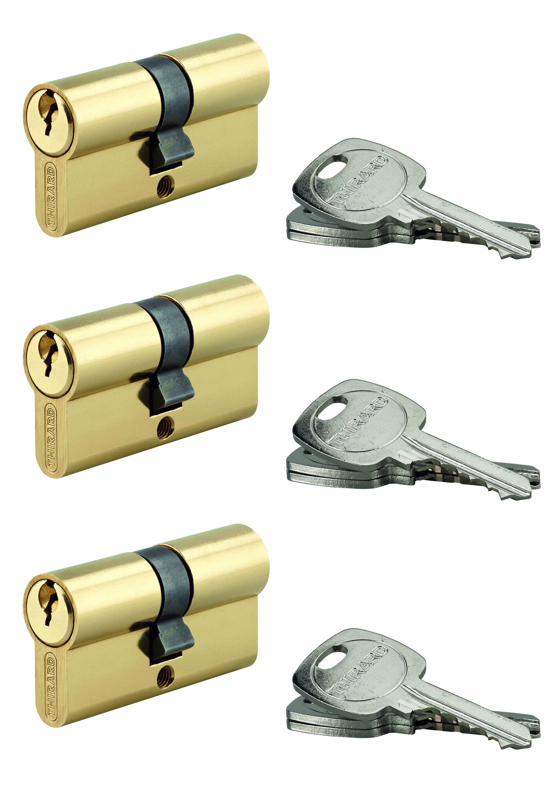Lot de 3 cylindres de serrure double entrée STD, 30x30mm, s'entrouvrant, laiton,3 clés/cylindre - THIRARD