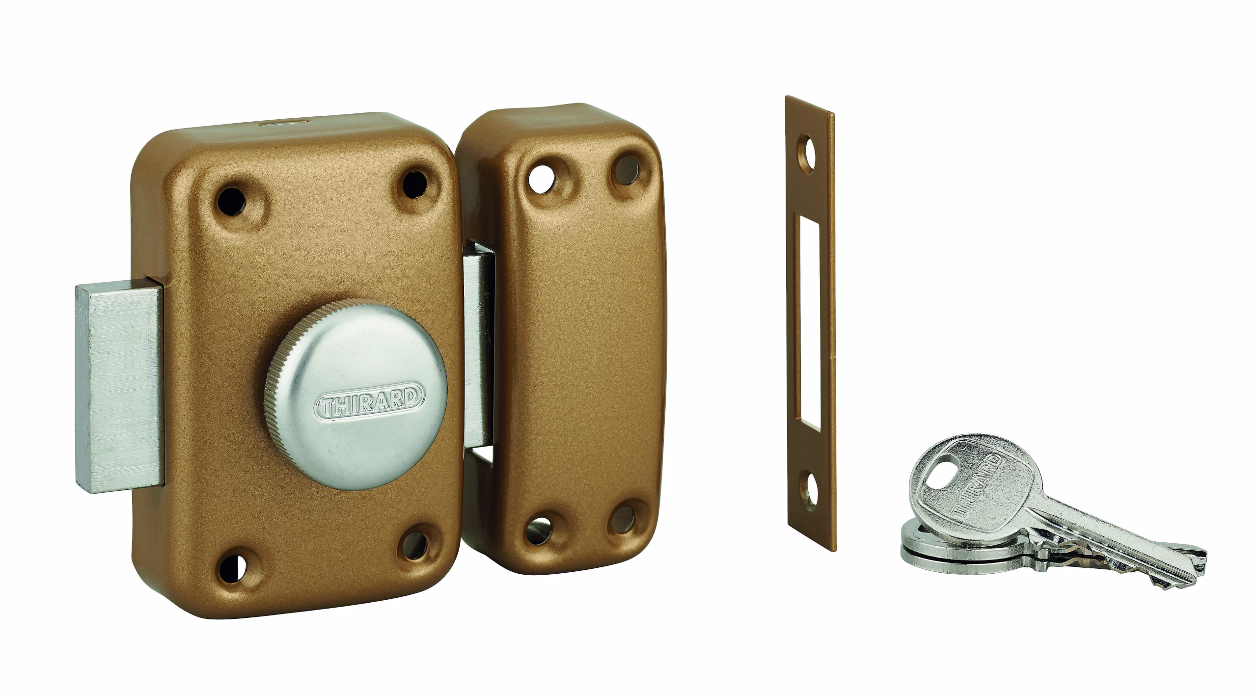 Verrou double entrée Apache avec gâche à encastrer pour porte d'entrée, cylindre 45mm, acier, 3 clés, époxy or - THIRARD