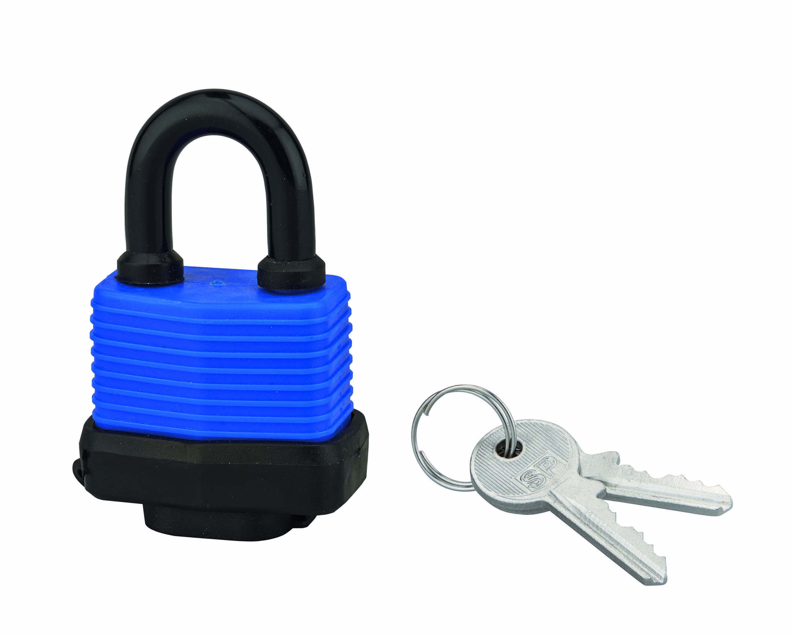 Cadenas à clé SP, extérieur, 40mm, gainé PVC, anse acier cémenté nickelé, 2 clés - SP