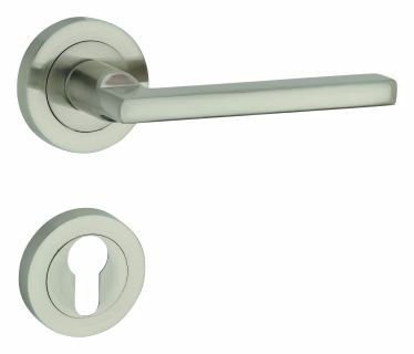 Poignées avec rosaces DERZIS à profil cylindrique, nickel satiné, THIRARD